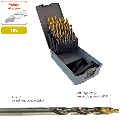 Coffret 19 forets pointes etag&eacute;es per&ccedil;age facile rev&ecirc;tement TIN