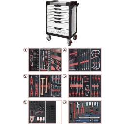 Servante d'atelier 7 tiroirs Ultimate
- Composition 231 outils pour mécanicien automobile
Tiroir 1 : Douille 1/4 - douille 1/2 - clé cliquet réversible
Tiroir 2: pinces, martellerie, clés pipes
Tiroir 3: clé à choc monster 1708Nm + douilles chocs 6 pans, allen, torx
Tiroir 4: clés mixte, clés demi lune
Tiroir 5: tournevis plats, cruciformes, torx, jeux clé allen et torx
Tiroir 6: clé dynamométrique 20-200Nm + essentiel démontage pneus (tire valve, démonte obus, démonte pneus...)
la servante d'atelier kstools. série ultimate. est le modèle de desserte d'atelier. le plus haut de gamme  de la marque. ks tools. 
les tiroirs de la servante d'atelier ultimate, possedent un système de glissière à roulements à billes (résistance 45kg). Equipé du système "one by one"., ouverture d'un seul tiroir a la fois, vous pouvez deplacer votre servante d'atelier sans forcement l'a fermer a clé !
Les tiroirs de cette servante ont une grande capacité. 40cm de profondeur par 57cm de largeur, tout les tiroirs de cette servante d'atelier sont fournis avec un tapis mousse, a installer au fond. 
Le plan de travail des servantes d'atelier Ultimate est recouvert d'un plateau inox et de boitier "range visserie" sur les cotés,
Au niveau du chassis, les pans de cette servante d'atelier sont perfores, se qui vous permet l'instalation de nombreuses options. tel que. un dérouleur de papier, des crochets de fixations...
Cette gamme  de servante d'atelier repond parfaitement au rangement pour le mécanicien, carrossier, mais aussi pour les métiers de l'industrie (rangement d'outils de tours / fraiseuse...) ainsi que des domaines tel que le medical. l'aéronotique...
- construction a pans coupés renforçant la structure du bati
- système "one by one" antibasculement 
- panneau lateral déporté et pré-percé pour fixation de crochet et accessoires
- 2 roues fixes grand diamètre pour une meilleure stabilite et un déplacement aise sur tous types de sols
- 2 roues pivotantes avec système de freinage total
- plan de travail avec rangements et recouvert inox
- tiroirs sur glissieres à billes extra-resistant (45 kg par tiroir)
- tiroirs à ouverture totale
- fermeture totale et simultanee des tiroirs par serrure 
- poignée tubulaire de manutention
- finition "Ultimate"
Module 54 pièces douilles et accessoires 1/4’’ KS TOOLS   Référence: 713.1020                     
Chrome vanadium de haute qualité garantie à vie*.
- Cliquet réversible 72 dents
- 1x Poignée emmanchée 1/4’’
- 2x Rallonges 1/4’’ : L. 50 mm et L. 100 mm
- 1x Rallonge flexible : L. 150 mm
- 1x Poignée coulissante T : L. 115 mm
- 1x Cardan universel 1/4"
- 13x Douilles 1/4’’ : 4 - 4,5 - 5 - 5,5 - 6 - 7 - 8 - 9 - 10 - 11 - 12 - 13 - 14 mm
- 8x Douille longue 1/4" : 6 - 7 - 8 - 9 - 10 - 11 - 12 - 13
- 1x Porte embout 1/4" 
- 3x Embouts de vissage Fente 4 - 5,5 - 8 mm 
- 3x Embouts de vissage PHILLIPS® PH 1 - PH 2 - PH3 
- 2x Embouts de vissage POZIDRIV® PZ 1 - PZ 2 
- 6x Embouts de vissage 6 pans : 3 - 4 - 5 - 6 - 7 - 8  mm
- 7x Embouts de vissage TORX® profil E T10 - T15 - T20 - T25 - T27 - T30 - T40
​- 4x Embouts de vissage 12 pans : M4 - M5 - M6 - M8 
Module de douilles et accessoires ULTIMATE 1/2'' , 24 pièces KS TOOLS  Référence : 713.1024   
- 1 x Cliquet réversible 72 dents
- 2 x Rallonges : 125 - 250 mm
- 1 x Cardan universel 1/2"
- 1 x Bague coulissante 3/8" x 1/2"
- 17 x Douilles : 10 - 11 - 12 - 13 - 14 - 15 - 16 - 17 - 18 - 19 - 20 - 21 - 22 - 24 - 27 - 30 - 32 mm
- 2 x Douilles longues : 16 - 21 mm
Module de clés mixtes à cliquet réversible GEARplus avec adaptateurs, 16 pièces KS TOOLS  Référence : 713.2027     
- 12 x Clés mixtes : 8 - 9 - 10 - 11 - 12 - 13 - 14 - 15 - 16 - 17 - 18 - 19 mm
- 1 x Adaptateur pour embout de vissage : 1/4"
- 3 x Adaptateurs à verrouillage pour douilles : 1/4" - 3/8" - 1/2"
Module de clés mixtes ULTIMATE, 17 pièces KS TOOLS Référence : 713.2017    
Composition : 
- 17 x Clés mixtes : 6 - 7 - 8 - 9 - 10 - 11 - 12 - 13 - 14 - 15 - 16 - 17 - 18 - 19 - 20 - 21 - 22 mm
Module de clés mixtes ULTIMATE, 5 pièces KS TOOLS  Référence : 713.2015   
- 5 x Clés mixtes : 24 - 27 - 29 - 30 - 32 mm
Module de clés polygonales demi-lunes, 5 pièces KS TOOLS  Référence : 783.2005   
- 5 x Clés polygonales demi-lune : 10x12 - 11x13 - 14x17 - 16x18 - 19x22 mm
Module de pinces, 4 pièces KS TOOLS   Référence : 713.4014   
- 1 x Pince coupante diagonale : L. 160 mm
- 1 x Pince universelle : L. 180 mm
- 1 x Pince à bec demi-rond : L. 200 mm
- 1 x Pince multiprises à verrouillage : L. 250 mm
Module d'outils de frappe manche bois, 9 pièces KS TOOLS   Référence : 713.1101   
- 1 x Burin de carossier extra-plat : 250 mm
- 6 x Chasse goupilles brunis : 3 - 4 - 5 - 6 - 10 mm
- 1 x Marteau rivoir : 600g
- 1 x Maillet à embouts plastique interchangeables : 340g
Module de clés à pipe débouchées - 6 pans, 11 pièces KS TOOLS   Référence : 713.2011   
- 11 x Clés à pipe débouchées : 8 - 10 - 11 - 12 - 13 - 14 - 15 - 16 - 17 - 18 - 19 mm 
Module de vissage, 28 pièces KS TOOLS  Référence : 712.5028   
- 1 x Tournevis ULTIMATE tom pouce Fente : 6,5 mm
- 3 x Tournevis ULTIMATE Fente : 3,5 - 5,5 - 8 mm
- 1 x Tournevis ULTIMATE tom pouce PHILLIPS : PH2
- 3 x Tournevis ULTIMATE PHILLIPS : PH1 - PH2 - PH3
- 1 x Tournevis ULTIMATE tom pouce PROZIDRIV : PZ2
- 3 x Tournevis ULTIMATE POZIDRIV : PZ1 - PZ2 - PZ3
- 1 x Jeu de clés mâles 6 pans à tête sphérique longues : 2 - 2,5 - 3 - 4 - 5 - 6 - 8 - 10 mm
- 1 x Jeu de clés mâles TORX longues : T10 - T15 - T20 - T25 - T30 - T40 - T45 - T50
Module de tournevis ULTIMATE TORX, 6 pièces KS TOOLS  Référence : 713.5013 
- 6 x Tournevis ULTIMATE TORX : T10 - T15 - T20 - T25 - T30 - T40 
Module de douilles et clé à chocs pneumatique 1/2'', 20 pièces KS TOOLS  Référence: 712.1020   
- 1x Clé à chocs pneumatique 1/2’’ 1690Nm
- 14x douilles à choc : 12 - 13 - 14 - 15 - 16 - 17 - 18 - 19 - 21 - 22 - 24 - 27 - 30 - 32 mm
- 3x douilles à choc pour jante alu : 17 - 19 - 21 mm
- 1x rallonge à choc 1/2"
- 1x cardan à choc 125mm 
Module de douilles à chocs 1/2'', 16 pièces KS TOOLS  Référence: 713.1016   
- 8 x Douilles tournevis à choc TORX® 1/2’’: T30 - T40 - T45 - T50 - T55 - T60 - T70 - T80
- 8 x Douilles tournevis à choc 6 pans 1/2’’: 5 - 6 - 8 - 10 - 12 - 14 - 17 - 19 mm
- poids 57kg
- dimension hors tout : l678xl459xh859 (hauteur avec roues 1035mm 
- roue dia 125mm larg 50mm 