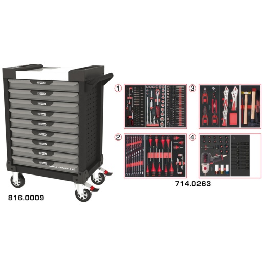 Servante ULTIMATE grise et noire 9 tiroirs équipée de 263 outils