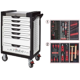 Servante d'atelier 7 tiroirs Ultimate
- Composition 114 outils
Tiroir 1 : Douille 1/4 - douille 1/2 - Clé mixte
Tiroir 2 : pinces Tournevis - martellerie
la servante d'atelier kstools. série ultimate. est le modèle de desserte d'atelier. le plus haut de gamme  de la marque. ks tools. 
les tiroirs de la servante d'atelier ultimate, possedent un système de glissière à roulements à billes (résistance 45kg). Equipé du système "one by one"., ouverture d'un seul tiroir a la fois, vous pouvez deplacer votre servante d'atelier sans forcement l'a fermer a clé !
Les tiroirs de cette servante ont une grande capacité. 40cm de profondeur par 57cm de largeur, tout les tiroirs de cette servante d'atelier sont fournis avec un tapis mousse, a installer au fond. 
Le plan de travail des servantes d'atelier Ultimate est recouvert d'un plateau inox et de boitier "range visserie" sur les cotés,
Au niveau du chassis, les pans de cette servante d'atelier sont perfores, se qui vous permet l'instalation de nombreuses options. tel que. un dérouleur de papier, des crochets de fixations...
Cette gamme  de servante d'atelier repond parfaitement au rangement pour le mécanicien, carrossier, mais aussi pour les métiers de l'industrie (rangement d'outils de tours / fraiseuse...) ainsi que des domaines tel que le medical. l'aéronotique...
- construction a pans coupés renforçant la structure du bati
- système "one by one" antibasculement 
- panneau lateral déporté et pré-percé pour fixation de crochet et accessoires
- 2 roues fixes grand diamètre pour une meilleure stabilite et un déplacement aise sur tous types de sols
- 2 roues pivotantes avec système de freinage total
- plan de travail avec rangements et recouvert inox
- tiroirs sur glissieres à billes extra-resistant (45 kg par tiroir)
- tiroirs à ouverture totale
- fermeture totale et simultanee des tiroirs par serrure 
- poignée tubulaire de manutention
- finition "Ultimate"
Module 54 pièces douilles et accessoires 1/4’’ ref : 713.1020      
- Cliquet réversible 72 dents
- 1x Poignée emmanchée 1/4’’
- 2x Rallonges 1/4’’ : L. 50 mm et L. 100 mm
- 1x Rallonge flexible : L. 150 mm
- 1x Poignée coulissante T : L. 115 mm
- 1x Cardan universel 1/4"
- 13x Douilles 1/4’’ : 4 - 4,5 - 5 - 5,5 - 6 - 7 - 8 - 9 - 10 - 11 - 12 - 13 - 14 mm
- 8x Douille longue 1/4" : 6 - 7 - 8 - 9 - 10 - 11 - 12 - 13
- 1x Porte embout 1/4" 
- 3x Embouts de vissage Fente 4 - 5,5 - 8 mm 
- 3x Embouts de vissage PHILLIPS® PH 1 - PH 2 - PH3 
- 2x Embouts de vissage POZIDRIV® PZ 1 - PZ 2 
- 6x Embouts de vissage 6 pans : 3 - 4 - 5 - 6 - 7 - 8  mm
- 7x Embouts de vissage TORX® profil E T10 - T15 - T20 - T25 - T27 - T30 - T40
​- 4x Embouts de vissage 12 pans : M4 - M5 - M6 - M8
Module de douilles et accessoires ULTIMATE 1/2'' , 24 pièces ref : 713.1024 
- 1 x Cliquet réversible 72 dents
- 2 x Rallonges : 125 - 250 mm
- 1 x Cadran universel 1/2"
- 1 x Bague coulissante 3/8" x 1/2"
- 17 x Douilles : 10 - 11 - 12 - 13 - 14 - 15 - 16 - 17 - 18 - 19 - 20 - 21 - 22 - 24 - 27 - 30 - 32 mm
- 2 x Douilles longues : 16 - 21 mm
Module de clés mixtes ULTIMATE, 17 pièces ref : 713.2017 
- 17 x Clés mixtes : 6 - 7 - 8 - 9 - 10 - 11 - 12 - 13 - 14 - 15 - 16 - 17 - 18 - 19 - 20 - 21 - 22 mm
Module de tournevis ULTIMATE Fente - POZIDRIV, 6 pièces ref : 713.5016 
- 4 x Tournevis ULTIMATE Fente : 4 - 5,5 - 6,5 - 8 mm
- 2 x Tournevis ULTIMATE PROZIDRIV : PZ1 - PZ2
Module de pinces, 4 pièces ref : 713.4014  
- 1 x Pince coupante diagonale : L. 160 mm
- 1 x Pince universelle : L. 180 mm
- 1 x Pince à bec demi-rond : L. 200 mm
- 1 x Pince multiprises à verrouillage : L. 250 mm
 Module d'outils de frappe manche bois, 9 pièces ref : 713.1101 
- 1 x Burin de carossier extra-plat : 250 mm
- 6 x Chasse goupilles brunis : 3 - 4 - 5 - 6 - 10 mm
- 1 x Marteau rivoir : 600g
- 1 x Maillet à embouts plastique interchangeables : 340g
- poids 57kg
- dimension hors tout : l678xl459xh859 (hauteur avec roues 1035mm 
- roue dia 125mm larg 50mm 