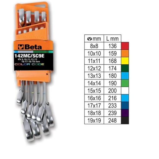 Jeu de 9 clés mixtes à cliquet réversible colorées avec support compact