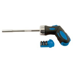 Tournevis a cliquet - 8pc Cliquet a 45 dents Manche ajustable droit ou en angle pour un couple plus important  Utilisation avec embouts ou douilles en 1/4" 3 positions: Cliquet vissage, dévissage et fixe.  Compartiment de rangement dans le manche 6 embouts:
Phillips Ph1 | Ph2 | Ph3.
Plat  4 | 5 | 6mm
