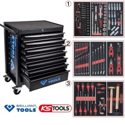 Servante 7 tiroirs brilliant tools avec composition 3 tiroirs KS tools ultimate
Servante d'atelier 7 tiroirs brilliant tools
Caractéristiques techniques :
Modèle : servante d'atelier
Nombre de tiroirs : 7
Matériau : acier
Charge supportée par tiroir : 25 kg (entrée de gamme . contre 35kg de la gamme dakar et 45kg sur la gamme Ultimate)
Fermeture centralisée par clé
Poignée de transport
Plateau de travail
Dimensions : 678 x 459 x 990 mm Tiroir l565xp400mm
Composition outillage finition Ultimate (la plus haute finition de chez ks tools):
Tiroir 1  Douilles :
- Cliquet 1/4 réversible 72 dents
- 1x Poignée emmanchée 1/4’’
- 2x Rallonges 1/4’’ : L. 50 mm et L. 100 mm
- 1x Rallonge flexible : L. 150 mm
- 1x Poignée coulissante T : L. 115 mm
- 1x Cardan universel 1/4"
- 13x Douilles 1/4’’ : 4 - 4,5 - 5 - 5,5 - 6 - 7 - 8 - 9 - 10 - 11 - 12 - 13 - 14 mm
- 8x Douille longue 1/4" : 6 - 7 - 8 - 9 - 10 - 11 - 12 - 13
- 1x Porte embout 1/4" 
- 3x Embouts de vissage Fente 4 - 5,5 - 8 mm 
- 3x Embouts de vissage PHILLIPS® PH 1 - PH 2 - PH3 
- 2x Embouts de vissage POZIDRIV® PZ 1 - PZ 2 
- 6x Embouts de vissage 6 pans : 3 - 4 - 5 - 6 - 7 - 8  mm
- 7x Embouts de vissage TORX® profil E T10 - T15 - T20 - T25 - T27 - T30 - T40
​- 4x Embouts de vissage 12 pans : M4 - M5 - M6 - M8 
- 1 x Cliquet 1/2 réversible 72 dents
- 2 x Rallonges : 125 - 250 mm
- 1 x Cardan universel 1/2"
- 1 x Bague coulissante 3/8" x 1/2"
- 17 x Douilles : 10 - 11 - 12 - 13 - 14 - 15 - 16 - 17 - 18 - 19 - 20 - 21 - 22 - 24 - 27 - 30 - 32 mm
- 2 x Douilles longues : 16 - 21 mm
- 1 x Rallonge : 125 mm
- 2 x Rallonges à verrouillage : 75 - 250 mm
- 10 x Douilles longues 1/2 : 10 - 11 - 12 - 13 - 15 - 17 - 19 - 22 - 24 - 27 mm
- 4 x Douilles 6 pans bougies : 14 - 16 - 18 - 21 mm
Tiroir 2 clés mixtes et pinces finition ultimate:
Clés mixtes : 6-7- 8 - 9 - 10 - 11 - 12 - 13 - 14 - 15 - 16 - 17 - 18 - 19 - 20 - 21 - 22 -24-27-29-30-32mm
 - 1 x Pince coupante diagonale ouverture auto
- 1 x Pince universelle ouverture auto
- 1 x Pince à bec demi-rond ouverture auto
- 1 x Pince multiprises à verrouillage : L. 250 mm
Tiroir 3 , tournevis et marteau :
 - 1 x Tournevis ULTIMATE tom pouce Fente : 6,5 mm
- 3 x Tournevis ULTIMATE Fente : 3,5 - 5,5 - 8 mm
- 1 x Tournevis ULTIMATE tom pouce PHILLIPS : PH2
- 3 x Tournevis ULTIMATE PHILLIPS : PH1 - PH2 - PH3
- 1 x Tournevis ULTIMATE tom pouce PROZIDRIV : PZ2
- 3 x Tournevis ULTIMATE POZIDRIV : PZ1 - PZ2 - PZ3
- 1 x Jeu de clés mâles 6 pans à tête sphérique longues : 2 - 2,5 - 3 - 4 - 5 - 6 - 8 - 10 mm
- 1 x Jeu de clés mâles TORX longues : T10 - T15 - T20 - T25 - T30 - T40 - T45 - T50
- 1 x Burin de carossier extra-plat : 250 mm
- 6 x Chasse goupilles brunis : 3 - 4 - 5 - 6 - 10 mm
- 1 x Marteau rivoir : 600g
- 1 x Maillet à embouts plastique interchangeables : 340g