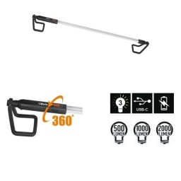 Lampe LED rechargeable sous capot - Triple émission de lumière: 500/1000/2000 lumens - Orientable à 360 ° - réglable en longueur: 116 ÷ 188 cm - corps en aluminium - crochets en caoutchouc antidérapants - port de charge en USB-C - 2 modes de charge: charge via le port USB de la lampe charge via le port USB de la batterie interne - fourni avec chargeur de batterie entrée: 100-240V ~ 50 / 60Hz sortie: DC 5V - 2000 mA - Autonomie: 3-9 h - IP20 - IK07