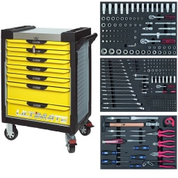 Servante d'atelier 7 tiroirs Ultimate
- Composition 340 outils ks tools eco line
la servante d'atelier kstools. série ultimate. est le modèle de desserte d'atelier. le plus haut de gamme  de la marque. ks tools. 
les tiroirs de la servante d'atelier ultimate, possedent un système de glissière à roulements à billes (résistance 45kg). Equipé du système "one by one"., ouverture d'un seul tiroir a la fois, vous pouvez deplacer votre servante d'atelier sans forcement l'a fermer a clé !
Les tiroirs de cette servante ont une grande capacité. 40cm de profondeur par 57cm de largeur, tout les tiroirs de cette servante d'atelier sont fournis avec un tapis mousse, a installer au fond. 
Le plan de travail des servantes d'atelier Ultimate est recouvert d'un plateau inox et de boitier "range visserie" sur les cotés,
Au niveau du chassis, les pans de cette servante d'atelier sont perfores, se qui vous permet l'instalation de nombreuses options. tel que. un dérouleur de papier, des crochets de fixations...
Cette gamme  de servante d'atelier repond parfaitement au rangement pour le mécanicien, carrossier, mais aussi pour les métiers de l'industrie (rangement d'outils de tours / fraiseuse...) ainsi que des domaines tel que le medical. l'aéronotique...
- construction a pans coupés renforçant la structure du bati
- système "one by one" antibasculement 
- panneau lateral déporté et pré-percé pour fixation de crochet et accessoires
- 2 roues fixes grand diamètre pour une meilleure stabilite et un déplacement aise sur tous types de sols
- 2 roues pivotantes avec système de freinage total
- plan de travail avec rangements et recouvert inox
- tiroirs sur glissieres à billes extra-resistant (45 kg par tiroir)
- tiroirs à ouverture totale
- fermeture totale et simultanee des tiroirs par serrure 
- poignée tubulaire de manutention
- finition "Ultimate"
- poids 57kg
Contenu de la composition ECO line :
Tiroir 1 - 1/4" :
Douilles courtes : 4 à 14 mm Douilles longues : 6 à 13 mm 
Douille porte-embouts : 1/4’’ x 1/4’’
Rallonges : 50 et 100 mm Cardan universel
Cliquet 45 dents
Embouts de vissage 5/16"
Embouts de vissage 1/4" 
Tiroir 2 :
Clés mixtes : 6 à 22 mm Tournevis Plats et PHILIPS
Tournevis testeur : 150-250V
Lampe de poche à LEDs
Maillet
Marteau rivoir à manche Hickory : 400g
Burin
Chasse-goupilles brunis octogonaux : 3 à 8 mm Tournevis électroniques
Porte-embouts magnétique L. 50 mm Tournevis porte-embouts magnétique à cliquet
Jeu de 8 clés mâles 6 pans à tête sphérique longues : 2 à 10 mm Douilles courtes 1/2" : 10 à 32 mm Douilles bougies 1/2" : 16 – 21 mm Rallonges 1/2" : 125 et 250 mm Cardan universel 1/2"
Cliquet 45 dents 1/2"
Tiroir 3 :
Lime demi-ronde demi-douce
Cutter 18 mm et paquet de 10 lames de rechange
Monture de scie métallique
Pince universelle
Pince coupante
Pince à bec demi-rond
Pince multiprise gainée 10’
Pince à sertir et cosses
Colliers nylon
- dimension hors tout : l678xl459xh859 (hauteur avec roues 1035mm 
- roue dia 125mm larg 50mm 