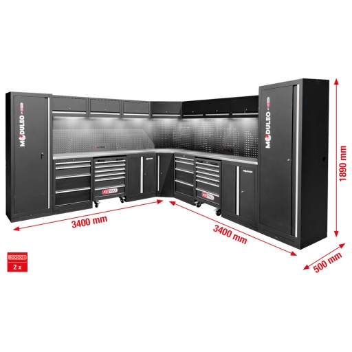 Mobilier d'atelier Moduleo forme en L 3400 x 3400&nbsp;mm prise et eclairage compris