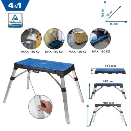 Etabli portatif 150 kg 4 en 1
Peut être utilisé comme établi / table de travail, escabeau, planche à roulettes d’atelier ou chariot de transport 
Hauteur réglable en quelques manipulations 
Planche de travail pour tourner avec divers outils de travail
Poignée de transport pratique pour un transport confortable 
Une fois replié, l’établi peut être rangé de manière à économiser de l’espace 
Certifié TÜV Utilisé comme établi / table de travail : 
Capacité de charge (max.) : 150 kg 
Dimensions : 117 x 52 x 79,5 cm (L x l x H) 
Mesures de longueur et d’angle imprimées sur la surface de travail 
Perçages et fentes sur le côté pour le rangement pratique des outils tels que les pinces et les tournevis 
Trou centré au milieu de l’équerre destinée au perçage 
Surface de martelage et de coupe stable sur le côté de la planche de travail Utilisé comme escabeau : 
Capacité de charge (max.) : 150 kg 
Dimensions : 107 x 52 x 55 cm (L x l x H) 
Plancher en PVC strié pour un maintien sécurisé 
Convient comme plate-forme pour atteindre des emplacements difficiles d’accès, par exemple lors de travaux de rénovation Utilisé comme chariot de transport : 
Capacité de charge (max.) : 120 kg 
Dimensions : 89 x 52 x 12,5 cm (L x l x H) 
Plancher en PVC strié pour un maintien sécurisé de la charge 
Perçages latéraux intégrés pour fixer un mousqueton destiné à un câble tracteur, si vous souhaitez déplacer des objets lourds 
4 roulettes, dont deux pivotantes et deux fixes 
Convient pour le transport d’objets lourds et encombrants
Utilisé comme couchette à roulettes d’atelier : 
Capacité de charge (max.) : 120 kg 
Dimensions : 89 x 52 x 12,5 cm (L x l x H) 
Convient pour effectuer des travaux de réparation ou de montage en position couchée Convient comme atelier mobile pour déposer des objets ou comme rouleau de pose (par exemple pour le carrelage ou le stratifié) 
L’établi d’atelier universel 4 en 1 BRILLIANT TOOLS BT180000 est conçu pour une utilisation universelle. Grâce à ses pieds réglables en hauteur, il peut être converti en un clin d’œil d’une table de travail fonctionnelle en un escabeau stable, un chariot de transport ou une planche à roulettes. 
Grâce aux fermetures à levier fixées sur les côtés, la plate-forme peut être tournée parallèlement à celles-ci, en fonction de l’application. 
Si vous n’avez plus besoin de l’établi universel, il suffit de le ranger dans l’atelier ou le garage pour économiser de l’espace. 
NOTRE QUALITÉ : BRILLIANTNOS PRIX : SMART Chaque outil recèle plus d’un quart de siècle d’expérience de nos experts. Cette qualité sans compris, des outils professionnels de qualité exceptionnelle pour le travail exigeant du quotidien, est une de nos clés du succès. Nous n’avons pas de grande structure de distribution, ni d’activités marketing extravagantes, et pouvons donc proposer nos produits à un rapport qualité/prix extrêmement intéressant. Économisez de l’argent sans renoncer à vos exigences de qualité ! Un outil de qualité powered by KS TOOLS.