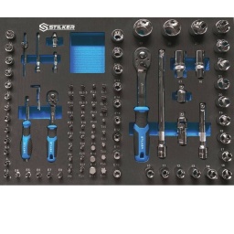 Module mousse plein - douilles et cliquets 1/2" - 1/4" - 95 outils pour 72513
Composition : - 17 douilles 1/2"" : 10, 11, 12, 13, 14, 15, 16, 17, 18, 19, 20, 21, 22, 24, 27, 30, 32mm

- 2 rallonges 1/2"" : 125 et 250mm

- 1 adaptateur 1/2""

- 1 cardan 1/2""

- 18 embouts 1/4"" :

PH : 1-2

PZ : 1-2

H : 3-4-5-6

SL : 4-5,5-6,5mm

Torx® : 8-10-15-20-25-27-30

- 8 douilles Torx® : E10-11-12-14-16-18-20-24

- 2 douilles à bougie 1/2"" : 16 et 21mm

- 13 douilles 1/4"" : 4-4,5-5-5,5-6-7-8-9-10-11-12-13-14mm

- 2 rallonges 1/4"" : 50 et 100mm

- 1 rallonge coulissante 1/4"" : 115mm

- 1 adaptateur 1/4""

- 1 porte embout 1/4""

- 1 tournevis porte embout

- 17 embouts 8mm :

Hex : 7-8-10-12-14mm

SL : 8-10-12mm

PH : 3-4

PZ : 3-4

Torx® : 40-45-50-55

- 5 douilles Torx® E4-5-6-7-8

- 3 clés mâles 1,5-2-2,5mm

- 1 cliquet 1/4"" 72 dents

- 1 cliquet 1/2"" 72 dents