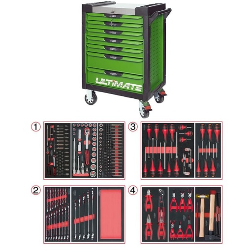 Servante Ultimate verte 7 tiroirs avec composition 241 outils 