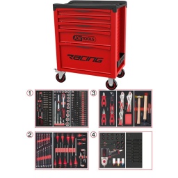 Servante d'atelier avec plan de travail recouvert d'un tapis en mousse
Cette nouvelle servante d'atelier de chez ks tools, modèle racing, est une évolution de l'ancien modèle dakar édition.
En effet pour cette servante d'atelier, ks tools a utilisé ces 20 ans d' expérience sur l'ancien modèle, la racing est le fruit des milliers de retour d'informations clients, garage, carrosserie, industrie et particulier. 
Cette servante d'atelier ks tools est plus pratique gràce à ces nouveaux panneaux perforés pour accessoires, plus résistante nouveau chassis, roue diamètre 125mm, et un tout nouveau système de fermeture du tiroir, plus sécurisant que sur l'ancienne version
La servante d’atelier KStools. série Racing respecte les normes de robustesse et de solidite deja reconnues sur les autres lignes de servantes d’atelier de la marque KS Tools. 
Les tiroirs de la servante d’atelier Racing possedent un systeme de roulements à billes (résistance 30kg), un système de fermeture par serrure et s’ouvre totalement pour plus de facilite dans vos rangements.
Les tiroirs de cette servante atelier ont une grande capacité. 40cm de profondeur par 57cm de largeur, tout les tiroirs de cette servante d'atelier sont fournis avec un tapis mousse a installer au fond. 
Sur son plan de travail on trouve un tapis en mousse imputrescible. sa poignée de côté et ses 4 roues robustes dont 2 directionnelles avec frein. La servante d'atelier Racing reste une reference en therme d’ergonomie, fini le désordre dans le garage, rangez vos outils, ou bien d'autre chose de manière ordonnée.
Plan de travail avec tapis en mousse
Dimensions utiles des tiroirs servante 5 tiroirs résistance 30kg :
3 x H 55 X L 565 X P 405mm 
1x H 130 X L565 X P 405MM
1x H 280X L 565 X P 405MM
Poids: 45kg
Poids maximum admissible en statique: 500kg
ref: 855.0005
Composition :
Module 54 pièces douilles et accessoires 1/4’’ ref : 713.1020 
- Cliquet réversible 72 dents
- 1x Poignée emmanchée 1/4’’
- 2x Rallonges 1/4’’ : L. 50 mm et L. 100 mm
- 1x Rallonge flexible : L. 150 mm
- 1x Poignée coulissante T : L. 115 mm
- 1x Cardan universel 1/4"
- 13x Douilles 1/4’’ : 4 - 4.5 - 5 - 5.5 - 6 - 7 - 8 - 9 - 10 - 11 - 12 - 13 - 14 mm
- 8x Douille longue 1/4" : 6 - 7 - 8 - 9 - 10 - 11 - 12 - 13
- 1x Porte embout 1/4" 
- 3x Embouts de vissage Fente 4 - 5.5 - 8 mm 
- 3x Embouts de vissage PHILLIPS® PH 1 - PH 2 - PH3 
- 2x Embouts de vissage POZIDRIV® PZ 1 - PZ 2 
- 6x Embouts de vissage 6 pans : 3 - 4 - 5 - 6 - 7 - 8 mm
- 7x Embouts de vissage TORX® profil E T10 - T15 - T20 - T25 - T27 - T30 - T40
​- 4x Embouts de vissage 12 pans : M4 - M5 - M6 - M8
Module de douilles et accessoires ULTIMATE 1/2'' . 24 pièces ref : 713.1024 
- 1 x Cliquet réversible 72 dents
- 2 x Rallonges : 125 - 250 mm
- 1 x Cadran universel 1/2"
- 1 x Bague coulissante 3/8" x 1/2"
- 17 x Douilles : 10 - 11 - 12 - 13 - 14 - 15 - 16 - 17 - 18 - 19 - 20 - 21 - 22 - 24 - 27 - 30 - 32 mm
- 2 x Douilles longues : 16 - 21 mm
Module d'embouts de vissage et douilles TORX. 88 pièces ref : 713.5010 
- 5 x Douilles TORX 1/4" : E4 - E5 - E6 - E7 - E8
- 4 x Douilles TORX 3/8" : E10 - E11 - E12 - E14
- 3 x Douilles TORX 1/2" : E16 - E18 - E20
- 1 x Douille porte-embouts 1/4" x 1/4"
- 2 x Douilles porte-embouts : 3/8" - 10 mm et 1/2" - 10 mm
- 1 x Rallonge : 30 mm
- 3 x Embouts de vissage Fente : 25 mm x (5.5 - 6.5 - 8.0 mm)
- 3 x Embouts de vissage PHILLIPS : 25 mm x (PH1 - PH2 - PH3)
- 6 x Embouts de vissage PROZIDRIV : 25 mm x (PZ1 - 2 x PZ2 - 3 x PZ3)
- 3 x Embouts de vissage 6 pans : 25 mm x (4 - 5 - 6 mm)
- 15 x Embouts de vissage TORX percé : 25 mm x (2 x T10 - 3 x T15 - 2 x T20 - 3 x T25 - 3 x T30 - 2 x T40)
- 2 x Embouts de vissage Fente : 30 mm x (8 - 10 mm)
- 2 x Embouts de vissage PHILLIPS : 30 mm x (PH2 - PH3)
- 7 x Embouts de vissage 6 pans : 30 mm x (4 - 5 - 6 - 7 - 8 - 10 - 12 mm)
- 9 x Embouts de vissage TORX percé : 30 mm x (T20 - T25 - T27 - T30 - T40 - T45 - T50 - T55 - T60)
- 5 x Embouts de vissage 12 pans : 30 mm (M5 - bM6 - M10 - M12)
- 5 x Embouts longs 6 pans : 75 mm x (5 - 6 - 7 - 8 - 10 mm)
- 8 x Embouts longs TORX percé : 75 mm x (T20 - T25 - T27 - T30 - T40 - T50 - T55 - T60)
- 4 x Embouts longs 12 pans : 75 mm x (M6 - M8 - M10 - M12)
Module de clés mixtes ULTIMATE. 17 pièces ref : 713.2017 
- 17 x Clés mixtes : 6 - 7 - 8 - 9 - 10 - 11 - 12 - 13 - 14 - 15 - 16 - 17 - 18 - 19 - 20 - 21 - 22 mm
Module de vissage. 28 pièces ref : 712.5028 
- 1 x Tournevis ULTIMATE tom pouce Fente : 6.5 mm
- 3 x Tournevis ULTIMATE Fente : 3.5 - 5.5 - 8 mm
- 1 x Tournevis ULTIMATE tom pouce PHILLIPS : PH2
- 3 x Tournevis ULTIMATE PHILLIPS : PH1 - PH2 - PH3
- 1 x Tournevis ULTIMATE tom pouce PROZIDRIV : PZ2
- 3 x Tournevis ULTIMATE PROZIDRIV : PZ1 - PZ2 - PZ3
- 1 x Jeu de clés mâles 6 pans à tête sphérique longues : 2 - 2.5 - 3 - 4 - 5 - 6 - 8 - 10 mm
- 1 x Jeu de clés mâles TORX longues : T10 - T15 - T20 - T25 - T30 - T40 - T45 - T50 
Module de pinces. 4 pièces ref : 713.4014 
- 1 x Pince coupante diagonale : L. 160 mm
- 1 x Pince universelle : L. 180 mm
- 1 x Pince à bec demi-rond : L. 200 mm
- 1 x Pince multiprises à verrouillage : L. 250 mm
Module de pinces étaux GRIPfix Xtreme. 3 pièces ref : 713.1003 
- 2 x Pinces étaux GRIPfix Xtreme : 175 - 250 mm
- 1 x Pince étau auto-ajustable à bec long : 150 mm
Module d'outils de frappe manche bois. 9 pièces ref : 713.1101 
- 1 x Burin de carossier extra-plat : 250 mm
- 6 x Chasse goupilles brunis : 3 - 4 - 5 - 6 - 10 mm
- 1 x Marteau rivoir : 600g
- 1 x Maillet à embouts plastique interchangeables : 340g
Module de douilles et clé à chocs pneumatique 1/2''. 20 pièces ref : 712.1020 
- 1x Clé à chocs pneumatique 1/2’’ 1690Nm
- 14x douilles à choc : 12 - 13 - 14 - 15 - 16 - 17 - 18 - 19 - 21 - 22 - 24 - 27 - 30 - 32 mm
- 3x douilles à choc pour jante alu : 17 - 19 - 21 mm
- 1x rallonge à choc 1/2"
- 1x cardan à choc 125mm 
Module de douilles à chocs 1/2''. 16 pièces ref : 713.1016 
- 8 x Douilles tournevis à choc TORX® 1/2’’: T30 - T40 - T45 - T50 - T55 - T60 - T70 - T80
- 8 x Douilles tournevis à choc 6 pans 1/2’’: 5 - 6 - 8 - 10 - 12 - 14 - 17 - 19 mm