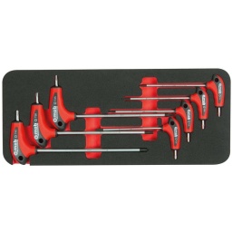 Module 7 clés mâles TORX en T 
Composition T9/T10/T15/T20/T25/T30/T40
Les outils manquants se repèrent en quelques secondes grâce au fond rouge. Mousse bi-colore haute densité, ne casse pas, ne retient pas l'humidité et résiste aux produits de l'atelier