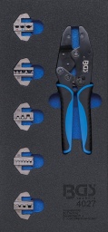 Étendue de la livraison1 x pince à sertir avec cliquet automatique, dispositif de verrouillage réglable et déverrouillage par points de pression1 x insert de profil à presser pour cosses de câble fermées non isolées, AWG (20-18) - (16-14) - (12-10) - 8 ou DIN 1,5 - 2,5 - 6 - 10 mm² ou JIS 1,25 - 2 - 5,5 - 8 mm²1 x insert de profil à presser pour cosses de câble isolées, AWG (22-18) - (16-14) - (12-10) - 8 ou DIN 1,5 - -1,0 - 6 - 10 mm² ou JIS -2,5 - 2 - 4 - 8 mm²1 x insert de profil à presser pour cosses de câble ouvertes non isolées, AWG (20-18) - (16-14) - (12-10) - 8 ou DIN 1,5 - -1,0 - 6 - 10 mm² ou JIS -2,5 - 2 - 4 - 8 mm²1 x insert de profil à presser pour petites cosses de conducteurs isolées, AWG (22-18) - (16-14) - (12-10) - 8 ou DIN 1,5 - -1,0 - 6 - 10 mm² ou JIS -2,5 - 2 - 4 - 8 mm²1 x insert de profil à presser pour grandes cosses de conducteurs isolées, AWG (2022) - (1620) - (1218) - 16 ou DIN 14 - 12 - 0,5 - 10 mm² ou JIS 1,0 - 1,5 - 2,5 - 4,0 mm²