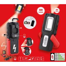 Id&eacute;ale pour les travaux sans prise de courant
LED COB 10&nbsp;watts + 1&nbsp;lampe frontale LED haute puissance de 5&nbsp;watts
Intensit&eacute; variable en continu
Avec fonction USB Power Bank (recharge d&rsquo;appareils externes)
Syst&egrave;me de batterie hybride, fonctionne avec une batterie ou 3&nbsp;piles AAA
Batterie lithium-ion amovible
Avec affichage Led du niveau de charge
Support magn&eacute;tique repliable&nbsp;180&deg;
Charge directe sur la lampe
Avec c&acirc;ble de recharge USB-C
prot&eacute;g&eacute; contre les projections de liquides d&rsquo;apr&egrave;s IP65
Tr&egrave;s r&eacute;sistante aux chocs
Dur&eacute;e de recharge 3 heures
Autonomie 3 heures
Corps de lampe en Polycarbonate r&eacute;sistant
Corps de lampe recouvert d'une protection en caoutchouc
Aimant et crochet de suspension inclus
