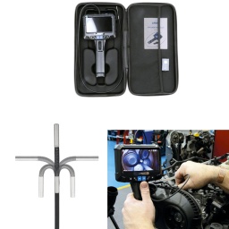 Endoscope de qualité professionnelle doté d'une fonction de basculement à 360°. La tête de caméra de 3,9 mm peut être déplacée à 360° pour permettre un retour sur elle-même. 
Il n'est donc pas nécessaire de fixer des miroirs délicats pour examiner les têtes de soupapes des moteurs, etc. Multilingue : Anglais, français, allemand, italien, japonais, russe, polonais, chinois et coréen. 
Enregistre des images fixes et des vidéos, qui peuvent toutes être téléchargées sur un PC ou un ordinateur portable via un câble de données Micro SD ou USB-C.

Écran LCD haute résolution (5") 110 mm x 65 mm, 854 x 452 pixels (2 000 000 pixels effectifs), avec un angle de vision de la caméra de 70°, pivotante sur 360°.
Autonomie : 3 heures (environ). Temps de charge : 3,5 heures. Alimentée par une batterie Li-ion de 2000 mAh intégrée. Rechargeable avec câble de recharge USB-C. Carte mémoire de 32 Go.
La sonde de la caméra, extrêmement flexible et semi-rigide, mesure 1 m de long, avec une lentille de seulement 3,9 mm de diamètre et une tête de caméra pivotante télécommandée. Conformité IP67 pour l'étanchéité à la poussière et à l'eau. 
Comprend également une lampe torche intégrée à 6 LED avec 3 niveaux de luminosité.
Fournie avec un câble de charge USB-C, pour la recharge et les téléchargements sur PC, dans un étui à coque souple pour le stockage.
Plage de température de service : 0 - 45°C. Conformité CE et RoHS.