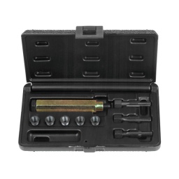 Coffret de réparation pour bougies de préchauffage mm x 1.0
- assortiment pour la réparation des filetages endommagés ou uses
- insert ultra-fin fixe solidement et traite contre la corrosion
- coffret de rangement
mm x 1.0 x 115 mm composition :
taraud avec guide mm x 1
taraud avec guide m11 x 1
Alésoir avec guide
outil de mise en place. l=93 mm  m9x1.
gl= 109mm douilles filetees l=11 mm  ig=m9x1/
ag=m11x1. pack de 5
