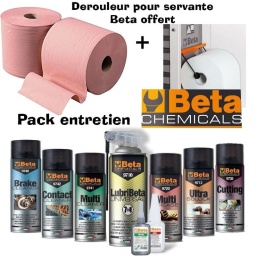 Rentrez dans l'univers Beta chimicals à petit prix, des produits de très haute qualité, répondant au plus haute éxigeance des secteurs de l'industrie et de l'automobile Le pack Chimie comprend : - 1 débloquant multiusage 7 en 1, - 1 débloquant super-pénétrant, - 1 graisse multiusage, - 1 huile de coupe, - 1 nettoyant frein, - 1 détergent/dégraissant multifonctions, - 1 nettoyant contacts électriques) - 1 frein filet fort 20ml - 1 colle instantanée 20grs - 1 pack de 2 bobines ouates (800 feuilles 21x25cm) OFFERT le dérouleur de papier à fixer sur vos servantes d'atelier Beta tools