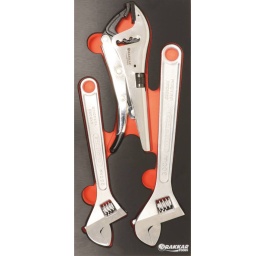 Composition : 3 outils
-1 clé à molette 250mm – ref.12404
-1 clé à molette 300mm – ref.12406
-1 pince a étau a cran – ref.15494