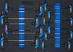 Finition de haute qualité pour utilisation dans l’artisanat et l’industriePour têtes de vis à six pans femelle 2 - 10 mm/Profil T (pour Torx) T10 - T50Permet de visser dans des zones difficiles d’accèsSelon le type de vissage, utilisable aussi bien avec des tiges courtes que longuesAvec marquage de la matière et de la taille sur chaque tournevis à poignée en TAvec trou de suspensionInsert en mousse dure robuste de haute qualitéLes outils sont rangés dans les compartiments de l’insert en mousse dure qui les protège contre tout déplacementChaque outil a sa place individuelle correspondanteDisposition ordonnée des différents tournevis à poignée en T pour trouver rapidement la taille requiseConvient pour toutes les servantes d’atelier et systèmes d’unités murales de BGSContenu de la livraison 1 tournevis avec poignée en T | six pans femelle | 2 mm (art. 7601)1 tournevis avec poignée en T | six pans femelle | 2,5 mm (art. 7602)1 tournevis avec poignée en T | six pans femelle | 3 mm (art. 7603)1 tournevis avec poignée en T | six pans femelle | 4 mm (art. 7604)1 tournevis avec poignée en T | six pans femelle | 5 mm (art. 7605)1 tournevis avec poignée en T | six pans femelle | 6 mm (art. 7606)1 tournevis avec poignée en T | six pans femelle | 7 mm (art. 7607)1 tournevis avec poignée en T | six pans femelle | 8 mm (art. 7608)1 tournevis avec poignée en T | six pans femelle | 10 mm (art. 7609)1 tournevis avec poignée en T | profil T (pour Torx) | T10 (art. 7610)1 tournevis avec poignée en T | profil T (pour Torx) | T15 (art. 7611)1 tournevis avec poignée en T | profil T (pour Torx) | T20 (art. 7612)1 tournevis avec poignée en T | profil T (pour Torx) | T25 (art. 7613)1 tournevis avec poignée en T | profil T (pour Torx) | T27 (art. 7614)1 tournevis avec poignée en T | profil T (pour Torx) | T30 (art. 7615)1 tournevis avec poignée en T | profil T (pour Torx) | T40 (art. 7616)1 tournevis avec poignée en T | profil T (pour Torx) | T45 (art. 7617)1 tournevis avec poignée en T | profil T (pour Torx) | T50 (art. 7618)1 insert de servante d’atelier 3/3 | vide | pour art. 4148 (art. 4148-1)