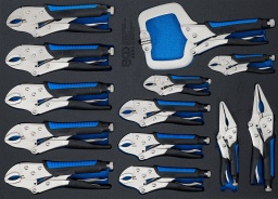 Composition de jeu complète de 13 pièces Convient pour une variété d’applications de nettoyage En particulier pour les travaux de carrosserie Pour la fixation de pièces de carrosserie ou pour maintenir les tôles ensemble pour le soudage Effet de tension puissant grâce au rapport de levier Peut également être utilisé dans des espaces confinés Dents durcies sur les flancs des mâchoires Réglable en continu Avec levier de libération rapide Poignée antidérapante et ergonomique à deux composants Insert en mousse dure robuste de haute qualité Les outils sont rangés dans les compartiments de l’insert en mousse dure qui les protège contre tout déplacement Chaque outil a sa place individuelle correspondante Disposition claire des différentes douilles, douilles à embouts et embouts, pour trouver rapidement la taille requise Type de poignée : poignée 2 composants  Contenu de la livraison : 3 x pinces-étaux moyennes, 185 x 55 mm 5 grandes pinces-étaux, 215 x 65 mm 2 petites pinces-étaux, 140 x 40 mm 1 pince-étau à mâchoires de serrage, 280 x 135 mm 1 pince-étau pointue moyenne, 220 x 55 mm 1 petite pince-étau pointue, 170 x 45 mm 