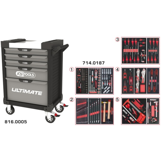 Servante ULTIMATE grise et noire 5 tiroirs équipée de 187 outils
