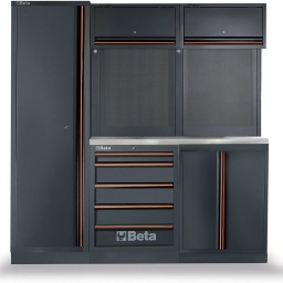 Combinaison d'ameublement d'atelier C45PRO BX Combinaison comprenant: - Plan de travail en MDF revêtu d'acier inoxydable (C45PX / 2-1.3MT) - Module fixe avec 5 tiroirs (C45PRO M5) - Module fixe à deux portes (C45PRO MA) - Armoire à outils à une porte (C45PRO AS1) - 2 armoires murales (C45PRO PM) - 2 panneaux porte-outils perforés (C45PRO PF) - 2 supports muraux, type large (C45PRO SL) - 1 support mural, type étroit (C45PRO SS) - 191 kg - Dimensions 1960x495mm hauteur 2000mm Le nouveau mobilier d'atelier C45PRO, évolution de la gamme à grand succès C45 de chez Beta, se présente sous de nouvelles couleurs, un superbe gris anthracite (ral7016), les poignées alu passent à la couleur orange, et, grande nouveauté, les meubles bas sont maintenant équipés de réglage, permettant une instalation plus facile sur sol irrégulier. Donnez un look ravageur à votre atelier, gràce au mobilier d'atelier C45PRO au rapport qualité prix toujours aussi attractif.