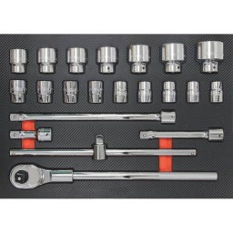 Module mousse 402x567mm carbone douilles/cliquet 3/4" 21 pcs
Composition :

Module plein composé de 21 outils :
16 douilles (19-21-22-23-24-26-27-29-30-32-35-36-38-41-46-50mm)
1 cliquet renforcé 500mm réversible 24 dents
1 poignée coulissante 450mm
1 rallonge 100mm
1 rallonge 200mm
1 rallonge 400mm