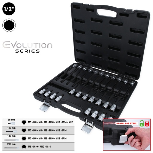 Jeu de douilles à embout 1/2'' pour vis à denture multiple (XZN) 26 pcs