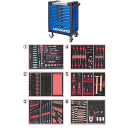 Servante d'atelier 7 tiroirs Ultimate
- Composition 425 outils
Tiroir 1 : Douille 1/4 - Douille 3/8 - Douille 1/2 - douille torx femelle et embouts 10mm torx, allen, xzn (finition mat)
Tiroir 2:  douilles torx femelle embout 10mm, douille choc alle et torx, module de rangement
Tiroir 3: clés mixtes, clés mixtes cliquets réversibles
Tiroir 4: tournevis plat, cruciforme, torx
Trioir 5: pinces, pinces circlips, martellerie
Tiroir 6 : douille automobile, clé choc 515.1210 et douilles chocs
Servante d'atelier kstools. série ultimate. est le modèle de desserte d'atelier. le plus haut de gamme  de la marque. ks tools. 
les tiroirs de la servante d'atelier ultimate, possedent un système de glissière à roulements à billes (résistance 45kg). Equipé du système "one by one"., ouverture d'un seul tiroir a la fois, vous pouvez deplacer votre servante d'atelier sans forcement l'a fermer a clé !
Les tiroirs de cette servante ont une grande capacité. 40cm de profondeur par 57cm de largeur, tout les tiroirs de cette servante d'atelier sont fournis avec un tapis mousse, a installer au fond. 
Le plan de travail des servantes d'atelier Ultimate est recouvert d'un plateau inox et de boitier "range visserie" sur les cotés,
Au niveau du chassis, les pans de cette servante d'atelier sont perfores, se qui vous permet l'instalation de nombreuses options. tel que. un dérouleur de papier, des crochets de fixations...
Cette gamme  de servante d'atelier repond parfaitement au rangement pour le mécanicien, carrossier, mais aussi pour les métiers de l'industrie (rangement d'outils de tours / fraiseuse...) ainsi que des domaines tel que le medical. l'aéronotique...
- construction a pans coupés renforçant la structure du bati
- système "one by one" antibasculement 
- panneau lateral déporté et pré-percé pour fixation de crochet et accessoires
- 2 roues fixes grand diamètre pour une meilleure stabilite et un déplacement aise sur tous types de sols
- 2 roues pivotantes avec système de freinage total
- plan de travail avec rangements et recouvert inox
- tiroirs sur glissieres à billes extra-resistant (45 kg par tiroir)
- tiroirs à ouverture totale
- fermeture totale et simultanee des tiroirs par serrure 
- poignée tubulaire de manutention
- finition "Ultimate"
Composition : 
Module de douilles et accessoires 1/4'' - 3/8'' - 1/2"", 175 pièces ref : 711.1011  finition mat 
- 3 x Cliquets 72 dents bi-matière 1/4’’- 3/8’’- 1/2’’
- 1 x Poignée emmanchée traversante 1/4"
- 2 x Rallonges articulée 1/4’’ 50 - 100 mm
- 1 x Rallonge flexible 1/4" 150 mm 
- 1 x T de force 1/4" 110mm
- 1 x Rallonge articulée 3/8’’  150 mm
- 2 x Rallonges articulée 1/2’’ 125 - 250 mm
- 3 x Cardans 1/4’’ - 3/8’’- 1/2’’
- 2 x Réducteur 1/2" F 3/8" m
- 13 x Douilles 1/4" : 4 - 4,5 - 5 - 5,5 - 6 - 7 - 8 - 9 - 10 - 11 - 12 - 13 - 14mm
- 7 x Douilles longues 1/4" : 4 - 5 - 6 - 7 - 8 - 9 - 10 mm 
- 5 x Douilles TORX E 1/4" : E4 - E5 - E6 - E7 - E8
- 4 x Douilles embout fente  1/4" : E4 - E5 - E6 - E7 - E8 mm
- 3 x Douilles embout PHILIPPS 1/4" : PH1 - PH2 (x2)
- 3 x Douilles embout PROZIDRIV 1/4" : PZ1 - PZ2 (x2)
- 4 x Douilles embout 6 pans mâles 1/4" : 3 - 4 - 5 - 6 mm
- 8 x Douilles embout TORX 1/4" : T8 - T9 - T10 - T15 - T20 - T25 - T27 - T30
- 7 x Douilles embout TORX percé 1/4" : T8 - T10 - T15 - T20 - T25 - T27 - T30
- 10 x Douilles 3/8" : 10 - 11 - 12 - 13 - 14 - 15 mm
- 6 x Douilles longues 3/8" : 10 - 11 - 12 - 13 - 14 - 15 mm
- 6 x Douilles TORX 3/8" : E10 - E11 - E12 - E14 - E16 - E18 
- 1 x Douille 6 pans 3/8" : 18 mm
- 18 x  Douilles 1/2" : 10 - 11 - 12 - 13 - 14 - 15 - 16 - 17 - 18 - 19 - 20 - 21 - 22 - 24 - 27 - 30 - 32 - 34 mm 
- 5 x Douilles longues 1/2" : 16 - 17 - 18 - 19 - 22 mm
- 2 x Douilles TORX 1/2" : E20 - E24
- 1 x Douille porte embout : 1/4" x 1/4"
- 2 x Douilles porte embout : 3/8" x 5/16" et 1/2" x 5/16"
Module d'embouts de vissage et douilles TORX, 88 pièces    ref 713.5010
- 5 x Douilles TORX 1/4" : E4 - E5 - E6 - E7 - E8
- 4 x Douilles TORX 3/8" : E10 - E11 - E12 - E14
- 3 x Douilles TORX 1/2" : E16 - E18 - E20
- 1 x Douille porte-embouts 1/4" x 1/4"
- 2 x Douilles porte-embouts : 3/8" - 10 mm et 1/2" - 10 mm
- 1 x Rallonge : 30 mm
- 3 x Embouts de vissage Fente : 25 mm x (5,5 - 6,5 - 8,0 mm)
- 3 x Embouts de vissage PHILLIPS : 25 mm x (PH1 - PH2 - PH3)
- 6 x Embouts de vissage POZIDRIV : 25 mm x (PZ1 - 2 x PZ2 - 3 x PZ3)
- 3 x Embouts de vissage 6 pans : 25 mm x (4 - 5 - 6 mm)
- 15 x Embouts de vissage TORX percé : 25 mm x (2 x T10 - 3 x T15 - 2 x T20 - 3 x T25 - 3 x T30 - 2 x T40)
- 2 x Embouts de vissage Fente : 30 mm x (8 - 10 mm)
- 2 x Embouts de vissage PHILLIPS : 30 mm x (PH2 - PH3)
- 7 x Embouts de vissage 6 pans : 30 mm x (4 - 5 - 6 - 7 - 8 - 10 - 12 mm)
- 9 x Embouts de vissage TORX percé : 30 mm x (T20 - T25 - T27 - T30 - T40 - T45 - T50 - T55 - T60)
- 5 x Embouts de vissage 12 pans : 30 mm (M5 - bM6 - M10 - M12)
- 5 x Embouts longs 6 pans : 75 mm x (5 - 6 - 7 - 8 - 10 mm)
- 8 x Embouts longs TORX percé : 75 mm x (T20 - T25 - T27 - T30 - T40 - T50 - T55 - T60)
- 4 x Embouts longs 12 pans : 75 mm x (M6 - M8 - M10 - M12)
Module de douilles à chocs 1/2'', 16 pièces ref : 713.1016  
- 8 x Douilles tournevis à choc TORX® 1/2’’: T30 - T40 - T45 - T50 - T55 - T60 - T70 - T80
- 8 x Douilles tournevis à choc 6 pans 1/2’’: 5 - 6 - 8 - 10 - 12 - 14 - 17 - 19 mm
Module vide 1/3 - 1 compartiment ref : 713.1300  
Module de clés mixtes ULTIMATE, 17 pièces   ref 713.2017  
- 17 x Clés mixtes : 6 - 7 - 8 - 9 - 10 - 11 - 12 - 13 - 14 - 15 - 16 - 17 - 18 - 19 - 20 - 21 - 22 mm
Module de clés mixtes ULTIMATE, 5 pièces ref : 713.2015   
- 5 x Clés mixtes : 24 - 27 - 29 - 30 - 32 mm
Module de clés mixtes à cliquet réversible GEARplus avec adaptateurs, 16 pièces ref : 713.2027 
- 12 x Clés mixtes : 8 - 9 - 10 - 11 - 12 - 13 - 14 - 15 - 16 - 17 - 18 - 19 mm
- 1 x Adaptateur pour embout de vissage : 1/4"
- 3 x Adaptateurs à verrouillage pour douilles : 1/4" - 3/8" - 1/2"
Module de vissage, 28 pièces ref : 712.5028  
- 1 x Tournevis ULTIMATE tom pouce Fente : 6,5 mm
- 3 x Tournevis ULTIMATE Fente : 3,5 - 5,5 - 8 mm
- 1 x Tournevis ULTIMATE tom pouce PHILLIPS : PH2
- 3 x Tournevis ULTIMATE PHILLIPS : PH1 - PH2 - PH3
- 1 x Tournevis ULTIMATE tom pouce PROZIDRIV : PZ2
- 3 x Tournevis ULTIMATE PROZIDRIV : PZ1 - PZ2 - PZ3
- 1 x Jeu de clés mâles 6 pans à tête sphérique longues : 2 - 2,5 - 3 - 4 - 5 - 6 - 8 - 10 mm
- 1 x Jeu de clés mâles TORX longues : T10 - T15 - T20 - T25 - T30 - T40 - T45 - T50
Module de tournevis ULTIMATE TORX, 6 pièces ref : 713.5013  
- 6 x Tournevis ULTIMATE TORX : T10 - T15 - T20 - T25 - T30 - T40
Module de pinces, 4 pièces ref : 713.4014  
- 1 x Pince coupante diagonale : L. 160 mm
- 1 x Pince universelle : L. 180 mm
- 1 x Pince à bec demi-rond : L. 200 mm
- 1 x Pince multiprises à verrouillage : L. 250 mm 
Module de 6 pinces à Circlips ref : 713.5006  
- 2 x Pinces à joncs extérieur : 10 - 25 mm, 19 - 60 mm
- 1 x Pince extérieur coudée : 16 - 60 mm
- 2 x Pinces intérieur droites : 12 - 25 mm, 19 - 60 mm
- 1 x Pince intérieur coudée : 19 - 60 mm
Module d'outils de frappe manche bois, 9 pièces ref : 713.1101 
- 1 x Burin de carossier extra-plat : 250 mm
- 6 x Chasse goupilles brunis : 3 - 4 - 5 - 6 - 10 mm
- 1 x Marteau rivoir : 600g
- 1 x Maillet à embouts plastique interchangeables : 340g
Module d'embouts longs pour la mécanique 1/4" - 1/2", 38 pièces ref : 712.5038 
- 5 x Embout 6 pans Extérieur 1/2’’ 55 mm x (14 - 17 - 19 - 22 - 24 mm) 
- 3 x Embout 6 pans Extérieur 140 mm x (10 - 11 - 13 mm)
- 1 x Embout 1/2’’ 6 pans Extérieur 160 mm x (5 mm)
- 1 x Embout 1/2’’ 6 pans Extérieur 240 mm x (7 mm)
- 1 x Embout TORX® 1/2’’ 110 mm x (T80)
- 6 x Embout 1/2’’ TORX® 140 mm x (T40 - T45 - T50 - T55 - T60 - T70)
- 1 x Embout 1/2’’ TORX® 300 mm x (T30)
- 2 x Embout XZN® 1/2’’ 110 mm x (M9 - M16)
- 3 x Embout 1/2’’ XZN® 140 mm x (M10 - M12 - M14)
- 1 x Embout percé XZN® 1/2’’ 55 mm x (M16) 
- 1 x Embout renforcé RIBE® 1/2’’ 100 mm x (M9) 
- 3 x Embout renforcé 1/2’’ RIBE® 240 mm x (M7 - M8 - M10)
- 1 x Embout renforcé XZN® 1/2’’ 75 mm x (M18) 
- 9 x Embout TORX Profil E 1/4’’ : TS10 - TS15 - TS20 - TS25 - TS27 - TS30 - TS40 - TS45 - TS50
Module de douilles et clé à chocs pneumatique 1/2'', 20 pièces ref : 712.1020  
- 1x Clé à chocs pneumatique 1/2’’ 1690Nm
- 14x douilles à choc : 12 - 13 - 14 - 15 - 16 - 17 - 18 - 19 - 21 - 22 - 24 - 27 - 30 - 32 mm
- 3x douilles à choc pour jante alu : 17 - 19 - 21 mm
- 1x rallonge à choc 1/2"
- 1x cardan à choc 125mm
- poids 57kg
- dimension hors tout : l678xl459xh859 (hauteur avec roues 1035mm 
- roue dia 125mm larg 50mm 