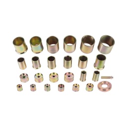 Jeu d'outils universels pour presse
- pour le montage et démontage de roulements. silent bloc et rotules
- adaptateurs pouvant etre utilises avec presse (440.0180)
- 24 douilles de pression de differentes dimensions
- 61 differents diamètres intérieurs et extérieurs entre 30.5 mm et 79.7 mm composition :
plaque d'adaptation
tige de pression réglable m24 x 90mm douille de pression 40.7x42.5x35.2 mm douille de pression 43.7x45.5x38.2 mm douille de pression 46.7x48.5x41.2 mm douille de pression 49.7x51.5x44.2 mm douille de pression 52.7x54.5x47.2 mm douille de pression 55.7x57.5x50.2 mm douille de pression 58.7x69.5x53.2 mm douille de pression 61.7x63.5x56.2 mm douille de pression 65.7x67.5x60.2 mm douille de pression 69.7x71.5x64.2 mm tube de poussee 38.7x44.7x30.5 mm tube de poussee 41.7x44.7x34 mm tube de poussee 44.7x44.7x37.2 mm tube de poussee 47.7x55x40.2 mm tube de poussee 50.7x55x43.2 mm tube de poussee 53.7x55x46.2 mm tube de poussee 56.7x55x49.2 mm tube de poussee 59.7x70x52.2 mm tube de poussee 62.7x70x55.2 mm tube de poussee 65.7x70x58.2 mm tube de poussee 68.7x70x61.2 mm tube de poussee 71.7x70x64.2 mm tube de poussee 75.7x75.7x68.2 mm tube de poussee 79.7x79.7x72.2 mm 