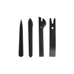jeu de 4 spatules pour garniture et agrafes Variété de spatules permettant de travailler sur la garniture et les agrafes dans les nouveaux véhicules inclut une spatule avec un cutter pour l'équilibrage des roues Construction en plastique pour éviter d'endommager la peinture / garniture  