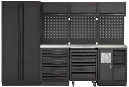 Le KRAFTWERK MOBILIO BLACK 4er combinaison vous offre la solution idéale pour l'organisation de votre atelier. 
Cette combinaison polyvalente de modules de haute qualité est parfaitement coordonnée et peut être assemblée selon vos besoins individuels. 
Que ce soit pour un atelier professionnel ou amateur, la construction autonome permet un placement simple et flexible sans fixation. 
Avec des dimensions compactes H 2000 x L 2955 x P 488 mm pour une utilisation optimale de l'espace.

Équipement optimal pour un travail efficace
Avec le KRAFTWERK MOBILIO 4er combinaison, vous avez tout sous contrôle. 
La combinaison comprend une armoire haute avec 4 étagères, trois armoires supérieures avec assistance à gaz pratique et un meuble à tiroirs avec 9 tiroirs à roulements à billes. 
Vous pouvez ainsi ranger vos outils et accessoires de manière claire et accessible. Les tiroirs sont équipés d'une fermeture centrale.

Finition de haute qualité et matériaux durables
Le plan de travail en acier inoxydable 430 est non seulement extrêmement résistant, mais aussi facile à entretenir. 
Il offre suffisamment d'espace pour divers travaux et donne à votre atelier une apparence professionnelle. 
Le meuble bas de l'atelier et le meuble supplémentaire avec poubelle et support à rouleaux de papier complètent l'aménagement pratique et assurent l'ordre.

Options d'adaptation individuelles
Le système KRAFTWERK MOBILIO BLACK 4er combinaison peut être adapté de manière flexible à vos exigences. 
Chaque module peut également être commandé séparément, vous permettant d'étendre votre atelier selon vos besoins. 
Les panneaux arrière avec perforation carrée vous permettent un rangement professionnel et clair de vos outils. 
Grâce à la large gamme d'accessoires, vous pouvez adapter le système exactement à vos besoins.

Manipulation simple et sécurisée
La solution One-Key optionnelle offre un confort supplémentaire. 
Avec une seule clé, vous pouvez modifier ultérieurement toutes les serrures pour le même numéro de serrure, ce qui facilite considérablement l'accès à vos armoires et tiroirs. 
Cela est particulièrement avantageux dans les ateliers plus grands ou lors de collaborations avec plusieurs personnes.

Conclusion : La solution parfaite pour votre atelier
Le KRAFTWERK MOBILIO BLACK 4er combinaison est le choix idéal si vous attachez de l'importance à la flexibilité, à la qualité et à la durabilité. 
Avec ses nombreux modules et options d'adaptation, il vous offre tout ce dont vous avez besoin pour un atelier parfaitement organisé.