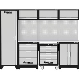 Armoire haute x1

Meuble bas 4 tiroirs x1 (dimensions intérieures tiroirs) :
- profondeur = 405mm
- largeur = 565mm
- hauteur = 57mm (tiroir haut)
- hauteur = 138mm

Servante d'atelier 7 tiroirs x1 (dimensions intérieures tiroirs) :
- profondeur = 405mm
- largeur = 530mm
- hauteur = 55mm
- hauteur = 138mm (tiroir bas)

Meuble bas 2 portes x1
Meuble haut x3
Panneau perforé - trous carrés - tôle acier ép.2mm x3
Plan de travail droit x1 L.2041x463x38mm
Connecteurs de côté pour panneaux x7
Connecteur support x1

Hauteur
2000mm
Dimensions Lgxlgxh
2640x488x2000mm

Poids 
247,1KG