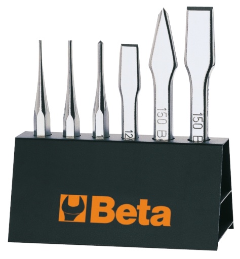 Jeu de 6 chasse-clous (art. 30), pointeaux (art. 32), burins plats (art. 34) et bédanes (art. 36), avec support