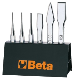 Jeu de 6 chasse-clous (art. 30), pointeaux (art. 32), 
burins plats (art. 34) et bédanes (art. 36), avec support
30: 2-3 mm
32: 4 mm
34: 125-150 mm
36: 150 mm
