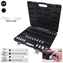 6 pans intérieur
Carré d'entraînement intérieur selon DIN 3120 / ISO 1174 avec encoche pour verrouillage par bille
Version courte, longue et extra-longue
avec embout tournevis nickelé serti
Pour une utilisation manuelle
Finition satinée
Chrome Vanadium
Coffret robuste en matière plastique