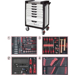 Servante d'atelier 5 tiroirs Ultimate
- Composition 355 outils ks tools
Tiroir 1 : Douille 1/4 - douille 3/8 - douille 1/2 finition mat
Tiroir 2: tournevis cliquet et embouts, pinces
Tiroir 3: tournevis , martellerie
Tiroir 4: clés mixte, clés contre coudée, clés fourches
la servante d'atelier kstools. série ultimate. est le modèle de desserte d'atelier. le plus haut de gamme  de la marque. ks tools. 
les tiroirs de la servante d'atelier ultimate, possedent un système de glissière à roulements à billes (résistance 45kg). Equipé du système "one by one"., ouverture d'un seul tiroir a la fois, vous pouvez deplacer votre servante d'atelier sans forcement l'a fermer a clé !
Les tiroirs de cette servante ont une grande capacité. 40cm de profondeur par 57cm de largeur, tout les tiroirs de cette servante d'atelier sont fournis avec un tapis mousse, a installer au fond. 
Le plan de travail des servantes d'atelier Ultimate est recouvert d'un plateau inox et de boitier "range visserie" sur les cotés,
Au niveau du chassis, les pans de cette servante d'atelier sont perfores, se qui vous permet l'instalation de nombreuses options. tel que. un dérouleur de papier, des crochets de fixations...
Cette gamme  de servante d'atelier repond parfaitement au rangement pour le mécanicien, carrossier, mais aussi pour les métiers de l'industrie (rangement d'outils de tours / fraiseuse...) ainsi que des domaines tel que le medical. l'aéronotique...
- construction a pans coupés renforçant la structure du bati
- système "one by one" antibasculement 
- panneau lateral déporté et pré-percé pour fixation de crochet et accessoires
- 2 roues fixes grand diamètre pour une meilleure stabilite et un déplacement aise sur tous types de sols
- 2 roues pivotantes avec système de freinage total
- plan de travail avec rangements et recouvert inox
- tiroirs sur glissieres à billes extra-resistant (45 kg par tiroir)
- tiroirs à ouverture totale
- fermeture totale et simultanee des tiroirs par serrure 
- poignée tubulaire de manutention
- finition "Ultimate"
- poids 57kg
Composition : 
Module de douilles et accessoires 1/4'' - 3/8'' - 1/2"", 175 pièces ref : 711.1011 finition mat   
- 3 x Cliquets 72 dents bi-matière 1/4’’- 3/8’’- 1/2’’
- 1 x Poignée emmanchée traversante 1/4"
- 2 x Rallonges articulée 1/4’’ 50 - 100 mm
- 1 x Rallonge flexible 1/4" 150 mm 
- 1 x T de force 1/4" 110mm
- 1 x Rallonge articulée 3/8’’  150 mm
- 2 x Rallonges articulée 1/2’’ 125 - 250 mm
- 3 x Cardans 1/4’’ - 3/8’’- 1/2’’
- 2 x Réducteur 1/2" F 3/8" m
- 13 x Douilles 1/4" : 4 - 4,5 - 5 - 5,5 - 6 - 7 - 8 - 9 - 10 - 11 - 12 - 13 - 14mm
- 7 x Douilles longues 1/4" : 4 - 5 - 6 - 7 - 8 - 9 - 10 mm 
- 5 x Douilles TORX E 1/4" : E4 - E5 - E6 - E7 - E8
- 4 x Douilles embout fente  1/4" : E4 - E5 - E6 - E7 - E8 mm
- 3 x Douilles embout PHILIPPS 1/4" : PH1 - PH2 (x2)
- 3 x Douilles embout PROZIDRIV 1/4" : PZ1 - PZ2 (x2)
- 4 x Douilles embout 6 pans mâles 1/4" : 3 - 4 - 5 - 6 mm
- 8 x Douilles embout TORX 1/4" : T8 - T9 - T10 - T15 - T20 - T25 - T27 - T30
- 7 x Douilles embout TORX percé 1/4" : T8 - T10 - T15 - T20 - T25 - T27 - T30
- 10 x Douilles 3/8" : 10 - 11 - 12 - 13 - 14 - 15 mm
- 6 x Douilles longues 3/8" : 10 - 11 - 12 - 13 - 14 - 15 mm
- 6 x Douilles TORX 3/8" : E10 - E11 - E12 - E14 - E16 - E18 
- 1 x Douille 6 pans 3/8" : 18 mm
- 18 x  Douilles 1/2" : 10 - 11 - 12 - 13 - 14 - 15 - 16 - 17 - 18 - 19 - 20 - 21 - 22 - 24 - 27 - 30 - 32 - 34 mm 
- 5 x Douilles longues 1/2" : 16 - 17 - 18 - 19 - 22 mm
- 2 x Douilles TORX 1/2" : E20 - E24
- 1 x Douille porte embout : 1/4" x 1/4"
- 2 x Douilles porte embout : 3/8" x 5/16" et 1/2" x 5/16"
Module clés
- 17 clés mixtes 6-7-8-9-10-11-12-13-14-15-16-17-18-19-20-21-22
- 1 clé à tuyauter 11mm
- 8 clés contre coudée 6x7-8x9-10x11-12x13-14x15-16x17-18x19-21x23mm
- 10 clés fourches 6x7-8x9-10x11-12x13-14x15-16x17-18x19-20x22-27x24-30x32mm
Module de vissage, 28 pièces ref : 712.5028  
- 1 x Tournevis ULTIMATE tom pouce Fente : 6,5 mm
- 3 x Tournevis ULTIMATE Fente : 3,5 - 5,5 - 8 mm
- 1 x Tournevis ULTIMATE tom pouce PHILLIPS : PH2
- 3 x Tournevis ULTIMATE PHILLIPS : PH1 - PH2 - PH3
- 1 x Tournevis ULTIMATE tom pouce PROZIDRIV : PZ2
- 3 x Tournevis ULTIMATE PROZIDRIV : PZ1 - PZ2 - PZ3
- 1 x Jeu de clés mâles 6 pans à tête sphérique longues : 2 - 2,5 - 3 - 4 - 5 - 6 - 8 - 10 mm
- 1 x Jeu de clés mâles TORX longues : T10 - T15 - T20 - T25 - T30 - T40 - T45 - T50
Module de vissage, 103 pièces avec tournevis cliquat 
Module de pinces, 4 pièces ref : 713.4014  
- 1 x Pince coupante diagonale : L. 160 mm
- 1 x Pince universelle : L. 180 mm
- 1 x Pince à bec demi-rond : L. 200 mm
- 1 x Pince multiprises à verrouillage : L. 250 mm
Module d'outils de frappe manche bois, 9 pièces ref : 713.1101    
- 1 x Burin de carossier extra-plat : 250 mm
- 6 x Chasse goupilles brunis : 3 - 4 - 5 - 6 - 10 mm
- 1 x Marteau rivoir : 600g
- 1 x Maillet à embouts plastique interchangeables : 340g
- dimension hors tout : l678xl459xh859 (hauteur avec roues 1035mm 
- roue dia 125mm larg 50mm 