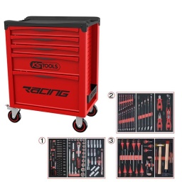 Servante d'atelier avec plan de travail recouvert d'un tapis en mousse
Cette nouvelle servante d'atelier de chez ks tools, modèle racing, est une évolution de l'ancien modèle dakar édition.
En effet pour cette servante d'atelier, ks tools a utilisé ces 20 ans d' expérience sur l'ancien modèle, la racing est le fruit des milliers de retour d'informations clients, garage, carrosserie, industrie et particulier. 
Cette servante d'atelier ks tools est plus pratique gràce à ces nouveaux panneaux perforés pour accessoires, plus résistante nouveau chassis, roue diamètre 125mm, et un tout nouveau système de fermeture du tiroir, plus sécurisant que sur l'ancienne version
La servante d’atelier KStools. série Racing respecte les normes de robustesse et de solidite deja reconnues sur les autres lignes de servantes d’atelier de la marque KS Tools. 
Les tiroirs de la servante d’atelier Racing possedent un systeme de roulements à billes (résistance 30kg), un système de fermeture par serrure et s’ouvre totalement pour plus de facilite dans vos rangements.
Les tiroirs de cette servante atelier ont une grande capacité. 40cm de profondeur par 57cm de largeur, tout les tiroirs de cette servante d'atelier sont fournis avec un tapis mousse a installer au fond. 
Sur son plan de travail on trouve un tapis en mousse imputrescible. sa poignée de côté et ses 4 roues robustes dont 2 directionnelles avec frein. La servante d'atelier Racing reste une reference en therme d’ergonomie, fini le désordre dans le garage, rangez vos outils, ou bien d'autre chose de manière ordonnée.
Plan de travail avec tapis en mousse
Dimensions utiles des tiroirs servante 5 tiroirs résistance 30kg :
3 x H 55 X L 565 X P 405mm 
1x H 130 X L565 X P 405MM
1x H 280X L 565 X P 405MM
Poids: 45kg
Poids maximum admissible en statique: 500kg
ref: 855.0005
Composition :
Douilles et accessoires ULTIMATE 1/4". 54 pièces ref 713.1020
- Cliquet réversible 72 dents
- 1x Poignée emmanchée 1/4’’
- 2x Rallonges 1/4’’ : L. 50 mm et L. 100 mm
- 1x Rallonge flexible : L. 150 mm
- 1x Poignée coulissante T : L. 115 mm
- 1x Cardan universel 1/4"
- 13x Douilles 1/4’’ : 4 - 4.5 - 5 - 5.5 - 6 - 7 - 8 - 9 - 10 - 11 - 12 - 13 - 14 mm
- 8x Douille longue 1/4" : 6 - 7 - 8 - 9 - 10 - 11 - 12 - 13
- 1x Porte embout 1/4" 
- 3x Embouts de vissage Fente 4 - 5.5 - 8 mm 
- 3x Embouts de vissage PHILLIPS® PH 1 - PH 2 - PH3 
- 2x Embouts de vissage POZIDRIV® PZ 1 - PZ 2 
- 6x Embouts de vissage 6 pans : 3 - 4 - 5 - 6 - 7 - 8 mm
- 7x Embouts de vissage TORX® profil E T10 - T15 - T20 - T25 - T27 - T30 - T40
​- 4x Embouts de vissage 12 pans : M4 - M5 - M6 - M8 
Module de douilles et accessoires ULTIMATE 1/2'' . 24 pièces ref 713.1024
- 1 x Cliquet réversible 72 dents
- 2 x Rallonges : 125 - 250 mm
- 1 x Cardan universel 1/2"
- 1 x Bague coulissante 3/8" x 1/2"
- 17 x Douilles : 10 - 11 - 12 - 13 - 14 - 15 - 16 - 17 - 18 - 19 - 20 - 21 - 22 - 24 - 27 - 30 - 32 mm
- 2 x Douilles longues : 16 - 21 mm
Module de douilles longues et accessoires 1/2". 17 pièces ref : 713.1026 
- 1 x Rallonge : 125 mm
- 2 x Rallonges à verrouillage : 75 - 250 mm
- 10 x Douilles : 10 - 11 - 12 - 13 - 15 - 17 - 19 - 22 - 24 - 27 mm
- 4 x Douilles 6 pans : 14 - 16 - 18 - 21 mm
Module de clés mixtes ULTIMATE. 17 pièces KS TOOLS Réf : 713.2017 
- 17 x Clés mixtes : 6 - 7 - 8 - 9 - 10 - 11 - 12 - 13 - 14 - 15 - 16 - 17 - 18 - 19 - 20 - 21 - 22 mm
Module de clés mixtes ULTIMATE. 5 pièces ref : 713.2015 
- 5 x Clés mixtes : 24 - 27 - 29 - 30 - 32 mm
Module de pinces. 4 pièces ref : 713.4014 
- 1 x Pince coupante diagonale : L. 160 mm
- 1 x Pince universelle : L. 180 mm
- 1 x Pince à bec demi-rond : L. 200 mm
- 1 x Pince multiprises à verrouillage : L. 250 mm
Module de vissage. 28 pièces ref : 712.5028 
- 1 x Tournevis ULTIMATE tom pouce Fente : 6.5 mm
- 3 x Tournevis ULTIMATE Fente : 3.5 - 5.5 - 8 mm
- 1 x Tournevis ULTIMATE tom pouce PHILLIPS : PH2
- 3 x Tournevis ULTIMATE PHILLIPS : PH1 - PH2 - PH3
- 1 x Tournevis ULTIMATE tom pouce PROZIDRIV : PZ2
- 3 x Tournevis ULTIMATE POZIDRIV : PZ1 - PZ2 - PZ3
- 1 x Jeu de clés mâles 6 pans à tête sphérique longues : 2 - 2.5 - 3 - 4 - 5 - 6 - 8 - 10 mm
- 1 x Jeu de clés mâles TORX longues : T10 - T15 - T20 - T25 - T30 - T40 - T45 - T50
Module d'outils de frappe manche bois. 9 pièces ref : 713.1101 
- 1 x Burin de carossier extra-plat : 250 mm
- 6 x Chasse goupilles brunis : 3 - 4 - 5 - 6 - 10 mm
- 1 x Marteau rivoir : 600g
- 1 x Maillet à embouts plastique interchangeables : 340g