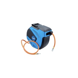 Tuyau d'air comprimé d'atelier de 15 m, rétractable, avec un diamètre interne de 10 mm et équipé de raccords BSP de 1/4", dans un boîtier à montage mural. 
Il est doté d'une fonction d'arrêt automatique qui permet l'extension et l'arrêt du tuyau à n'importe quelle longueur, ainsi que d'une fonction de rétractation automatique qui ramène le tuyau en douceur et soigneusement dans le boîtier. 
Le tuyau à haute visibilité est en PVC/caoutchouc et ne contient pas de silicone, ce qui le rend idéal pour une utilisation dans un atelier de carrosserie.

Enrouleur mural de tuyau d'air comprimé rétractable.
Dimensions : Diamètre interne 10 mm x 15 m.
Équipé de raccords BSP de 1/4".
Pression de service : 150 psi. Pression d'éclatement : 450 psi.
Caractéristiques : Tuyaux en PVC et en caoutchouc sans silicone. Arrêt et rétraction automatiques, avec système de guidage du tuyau. Support pivotant pour montage mural et fixations. Certifié CE.