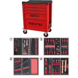 Servante d'atelier avec plan de travail recouvert d'un tapis en mousse
Cette nouvelle servante d'atelier de chez ks tools, modèle racing, est une évolution de l'ancien modèle dakar édition.
En effet pour cette servante d'atelier, ks tools a utilisé ces 20 ans d' expérience sur l'ancien modèle, la racing est le fruit des milliers de retour d'informations clients, garage, carrosserie, industrie et particulier. 
Cette servante d'atelier ks tools est plus pratique gràce à ces nouveaux panneaux perforés pour accessoires, plus résistante nouveau chassis, roue diamètre 125mm, et un tout nouveau système de fermeture du tiroir, plus sécurisant que sur l'ancienne version
La servante d’atelier KStools. série Racing respecte les normes de robustesse et de solidite deja reconnues sur les autres lignes de servantes d’atelier de la marque KS Tools. 
Les tiroirs de la servante d’atelier Racing possedent un systeme de roulements à billes (résistance 30kg), un système de fermeture par serrure et s’ouvre totalement pour plus de facilite dans vos rangements.
Les tiroirs de cette servante atelier ont une grande capacité. 40cm de profondeur par 57cm de largeur, tout les tiroirs de cette servante d'atelier sont fournis avec un tapis mousse a installer au fond. 
Sur son plan de travail on trouve un tapis en mousse imputrescible. sa poignée de côté et ses 4 roues robustes dont 2 directionnelles avec frein. La servante d'atelier Racing reste une reference en therme d’ergonomie, fini le désordre dans le garage, rangez vos outils, ou bien d'autre chose de manière ordonnée.
Plan de travail avec tapis en mousse
Dimensions utiles des tiroirs servante 5 tiroirs résistance 30kg :
3 x H 55 X L 565 X P 405mm 
1x H 130 X L565 X P 405MM
1x H 280X L 565 X P 405MM
Poids: 45kg
Poids maximum admissible en statique: 500kg
ref: 855.0005
Composition :
Module 54 pièces douilles et accessoires 1/4’’ ref : 713.1020 
- Cliquet réversible 72 dents
- 1x Poignée emmanchée 1/4’’
- 2x Rallonges 1/4’’ : L. 50 mm et L. 100 mm
- 1x Rallonge flexible : L. 150 mm
- 1x Poignée coulissante T : L. 115 mm
- 1x Cardan universel 1/4"
- 13x Douilles 1/4’’ : 4 - 4.5 - 5 - 5.5 - 6 - 7 - 8 - 9 - 10 - 11 - 12 - 13 - 14 mm
- 8x Douille longue 1/4" : 6 - 7 - 8 - 9 - 10 - 11 - 12 - 13
- 1x Porte embout 1/4" 
- 3x Embouts de vissage Fente 4 - 5.5 - 8 mm 
- 3x Embouts de vissage PHILLIPS® PH 1 - PH 2 - PH3 
- 2x Embouts de vissage POZIDRIV® PZ 1 - PZ 2 
- 6x Embouts de vissage 6 pans : 3 - 4 - 5 - 6 - 7 - 8 mm
- 7x Embouts de vissage TORX® profil E T10 - T15 - T20 - T25 - T27 - T30 - T40
​- 4x Embouts de vissage 12 pans : M4 - M5 - M6 - M8 
Module de douilles et accessoires ULTIMATE 1/2'' . 24 pièces ref : 713.1024 
- 1 x Cliquet réversible 72 dents
- 2 x Rallonges : 125 - 250 mm
- 1 x Cadran universel 1/2"
- 1 x Bague coulissante 3/8" x 1/2"
- 17 x Douilles : 10 - 11 - 12 - 13 - 14 - 15 - 16 - 17 - 18 - 19 - 20 - 21 - 22 - 24 - 27 - 30 - 32 mm
- 2 x Douilles longues : 16 - 21 mm
Module d'embouts de vissage et douilles TORX. 88 pièces ref : 713.5010 
- 5 x Douilles TORX 1/4" : E4 - E5 - E6 - E7 - E8
- 4 x Douilles TORX 3/8" : E10 - E11 - E12 - E14
- 3 x Douilles TORX 1/2" : E16 - E18 - E20
- 1 x Douille porte-embouts 1/4" x 1/4"
- 2 x Douilles porte-embouts : 3/8" - 10 mm et 1/2" - 10 mm
- 1 x Rallonge : 30 mm
- 3 x Embouts de vissage Fente : 25 mm x (5.5 - 6.5 - 8.0 mm)
- 3 x Embouts de vissage PHILLIPS : 25 mm x (PH1 - PH2 - PH3)
- 6 x Embouts de vissage PROZIDRIV : 25 mm x (PZ1 - 2 x PZ2 - 3 x PZ3)
- 3 x Embouts de vissage 6 pans : 25 mm x (4 - 5 - 6 mm)
- 15 x Embouts de vissage TORX percé : 25 mm x (2 x T10 - 3 x T15 - 2 x T20 - 3 x T25 - 3 x T30 - 2 x T40)
- 2 x Embouts de vissage Fente : 30 mm x (8 - 10 mm)
- 2 x Embouts de vissage PHILLIPS : 30 mm x (PH2 - PH3)
- 7 x Embouts de vissage 6 pans : 30 mm x (4 - 5 - 6 - 7 - 8 - 10 - 12 mm)
- 9 x Embouts de vissage TORX percé : 30 mm x (T20 - T25 - T27 - T30 - T40 - T45 - T50 - T55 - T60)
- 5 x Embouts de vissage 12 pans : 30 mm (M5 - bM6 - M10 - M12)
- 5 x Embouts longs 6 pans : 75 mm x (5 - 6 - 7 - 8 - 10 mm)
- 8 x Embouts longs TORX percé : 75 mm x (T20 - T25 - T27 - T30 - T40 - T50 - T55 - T60)
- 4 x Embouts longs 12 pans : 75 mm x (M6 - M8 - M10 - M12)
Module de clés mixtes ULTIMATE. 17 pièces ref : 713.2017 
- 17 x Clés mixtes : 6 - 7 - 8 - 9 - 10 - 11 - 12 - 13 - 14 - 15 - 16 - 17 - 18 - 19 - 20 - 21 - 22 mm
Module de clés mixtes ULTIMATE. 5 pièces ref : 713.2015 
- 5 x Clés mixtes : 24 - 27 - 29 - 30 - 32 mm
Module vide 1/3 - 1 compartiment ref : 713.1300 
Module de vissage. 28 pièces ref : 712.5028 
- 1 x Tournevis ULTIMATE tom pouce Fente : 6.5 mm
- 3 x Tournevis ULTIMATE Fente : 3.5 - 5.5 - 8 mm
- 1 x Tournevis ULTIMATE tom pouce PHILLIPS : PH2
- 3 x Tournevis ULTIMATE PHILLIPS : PH1 - PH2 - PH3
- 1 x Tournevis ULTIMATE tom pouce PROZIDRIV : PZ2
- 3 x Tournevis ULTIMATE PROZIDRIV : PZ1 - PZ2 - PZ3
- 1 x Jeu de clés mâles 6 pans à tête sphérique longues : 2 - 2.5 - 3 - 4 - 5 - 6 - 8 - 10 mm
- 1 x Jeu de clés mâles TORX longues : T10 - T15 - T20 - T25 - T30 - T40 - T45 - T50
Module de tournevis ULTIMATE TORX. 6 pièces ref : 713.5013 
- 6 x Tournevis ULTIMATE TORX : T10 - T15 - T20 - T25 - T30 - T40
Module de pinces. 4 pièces ref : 713.4014 
- 1 x Pince coupante diagonale : L. 160 mm
- 1 x Pince universelle : L. 180 mm
- 1 x Pince à bec demi-rond : L. 200 mm
- 1 x Pince multiprises à verrouillage : L. 250 mm
Module de 6 pinces à Circlips ref : 713.5006 
- 2 x Pinces à joncs extérieur : 10 - 25 mm. 19 - 60 mm
- 1 x Pince extérieur coudée : 16 - 60 mm
- 2 x Pinces intérieur droites : 12 - 25 mm. 19 - 60 mm
- 1 x Pince intérieur coudée : 19 - 60 mm 
Module d'outils de frappe manche bois. 9 pièces ref : 713.1101 
- 1 x Burin de carossier extra-plat : 250 mm
- 6 x Chasse goupilles brunis : 3 - 4 - 5 - 6 - 10 mm
- 1 x Marteau rivoir : 600g
- 1 x Maillet à embouts plastique interchangeables : 340g