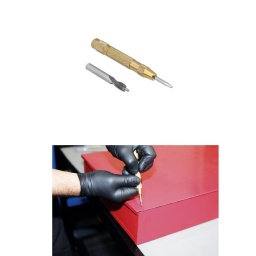 Ce jeu comprend un poinçon de centrage automatique et un foret HSS de 8 mm, doté d'un axe de guidage à ressort, et est conçu pour percer ou couper les soudures par points, ce qui permet de casser la soudure et de démonter les panneaux soudés. 
Le poinçon de centrage est utilisé pour faire une marque au centre de la soudure par points, avant de placer le foret sur la soudure. 
L'axe de guidage se place alors dans la marque et maintient le foret stable et centré pendant le perçage de la soudure par points.

Conçu pour percer les soudures par points à l'aide de perceuses pneumatiques ou électriques.
Foret HSS 8 mm avec pointe centrale à ressort intégré.
Poinçon de centrage automatique pour faire une marque au centre du point de soudure.
Toujours porter une protection oculaire