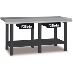 Etabli de travail beta - plan de travail en tôle galvanisée avec bord perimetral - structure en acier avec 6 pieds de support - capacité de charge statique : 1,2 tonnes - ajout possible de la paroi porte-outils c57p. non fixable au plan de travail. - deux tiroirs avec serrure. - prevu pour la fixation au sol - plateau: 2000x640mm - qualité premium beta depuis 1939