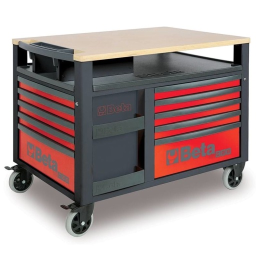 Etabli mobile SuperTank avec plan de travail en bois et 10 tiroirs rouge