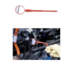 Miroir d'inspection entièrement isolé, homologué pour les travaux sous tension jusqu'à 1 000 V CA/1 500 V CC, idéal pour l'entretien et la maintenance des véhicules hybrides et électriques. 
Doté d'une lentille de 50 mm de diamètre et d'une tige flexible de 140 mm, il est idéal pour l'inspection des câbles et des connecteurs sous haute tension dans les zones confinées telles que les batteries, les zones contrôlées et les endroits difficiles d'accès sous les véhicules. 
Enrobé d'un revêtement en caoutchouc orange haute visibilité pour une manipulation plus aisée.

Miroir d'inspection isolé à manche long pour utilisation à proximité de circuits sous haute tension, avec poignée moulée en caoutchouc pour une manipulation plus facile.
Longueur totale : 240 mm ; arbre flexible : 140 mm de long ; 9 mm de diamètre.
Miroir : Diamètre de 50 mm.
Fabriqué selon les normes IEC60900, pour une utilisation en toute sécurité de l'opérateur sur des tensions sous tension allant jusqu'à 1 000 V CA / 1 500 V CC.
Un miroir flexible isolé plus long de 630 mm est également disponible, voir la référence 8712. REMARQUE : N'appliquez pas de pression de flexion à moins de 30 mm du joint du miroir.