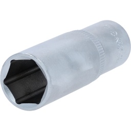 6 pans
Système FlankTraction
Selon DIN 3124 / ISO 2725
Carré d'entraînement intérieur selon DIN 3120 / ISO 1174 avec encoche pour verrouillage par bille
Version longue
Pour une utilisation manuelle
Finition satinée
Chrome Vanadium