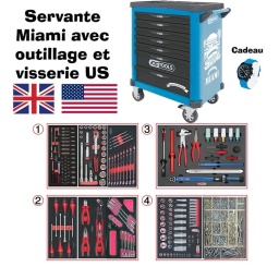 Servante d'atelier 7 tiroirs ks tools MIAMI 
Dimensions des tiroirs :
5 x H 75 x L 568 x P 398 mm
2 x H 154 x L 568 x P 398 mm
- Charge maxi. admissible en statique : 450 kg
- Charge maxi par tiroir : 40 kg
- Poids de la servante à vide : 49,4 kg
Ouverture individuelle et totale des tiroirs
Fermeture centralisée par serrure latérale
Glissières à roulements à billes
4 roues robustes 125 mm dont 2 directionnelles avec frein
Servante atelier de la marque ks tools. finition Miami. parfaite pour une utilisation dans les milieux salissants (garage. industrie...)
Pour l'achat de cette servvante, 1 montre offerte, + une participation au tirage au sort, pour gagner un voyage de 7 jours à Miami, condition concours ci dessous 
https://www.kstools.fr/reglement-complet-du-jeu-ks-tools-miami/
Composition 4 tiroirs
 Tiroir 1
Module 1/4 et 1/2 douille métrique 
Clé mixte cote en pouce
Tiroir 2
Tournevis, pinces, clé mixte cliquet cote en pouce
Tiroir 3
Outillage démontage toue, clé dynamo 200Nm
Tiroir 4
Modulle douille cote en pouce, clé allen en pouce
OTO 1004 visserie en pouce (vis th, rondelle, écroux) UNF 1/4-5/16-3/8-7/16-1/2"

