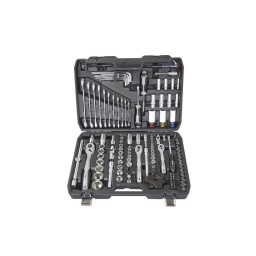 Coffret douilles 1/4"-3/8"-1/2" (128 PCS)

Composition	Composition :
- mallette noire plastique
- aimant télescopique
- 9 clés Allen : 1.5-2-2.5-3-4-5-6-8-10mm
- 11 clés mixtes : 8-9-10-11-12-13-14-16-17-18-19mm
- tournevis plat : 6x100mm
- tournevis cruciforme : 2x100mm
- testeur 12V
- douille embout 1/2" T52 x100mm
- clé à griffe

Composition 1/2" :
- 3 douilles roues jantes en alu : 17-19-21mm
- 7 douilles 6 pans : 19-21-22-24-27-30-32mm
- cliquet 1/2" 72 dents
- rallonge 1/2" 250mm
- rallonge 1/2" 125mm
- poignée coulissante 1/2"
- cardan 1/2
- douille cardan 1/2" H17
- clé de vidange VAG M16
- réducteur 1/2"-3/8"

Composition 3/8" :
- 4 douilles longues 6 pans : 13-14-15-17mm
- 11 douilles 6 pans : 8-9-10-12-13-14-15-16-17-18-19mm
- 6 douilles Torx : E8-E10-E11-E14-E16-E20
- cliquet 3/8" 72 dents
- rallonge 3/8" 75mm
- rallonge 3/8" 150mm
- cardan 3/8"
- 3 douilles bougie d'allumage : 16-18-21mm
- augmentateur 3/8"-1/2"
- réducteur 3/8"-1/4"
- 16 douilles porte-embouts 3/8" :
Torx : T20-T30-T40-T45-T50-T55
Pozidrive : PZ1-PZ3
Hexagonal : H4-H5-H6-H8
Plat : 5.5 -6.5
Phillips : PH1-PH3

Composition 1/4" :
- 4 douilles longues 6 pans : 8-10-12-13mm
- 11 douilles 6 pans : 4-5-5.5-6-7-8-9-10-11-12-13mm
- cliquet 1/4" 72 dents
- rallonge 1/4" 50mm
- cardan 1/4"
- douille porte embout 1/4"
- tournevis 1/4" porte-embout L.150mm
- 17 embouts 1/4" L.25mm :
Torx percé : T10-T15-T20-T25-T27-T30-T40
Pozidrive : PZ1-PZ2
Hexagonal : H3-H4-H5-H6
Plat : 4-5-6.5
Cruciforme : PH1-PH3
Durée de garantie	2 ans
