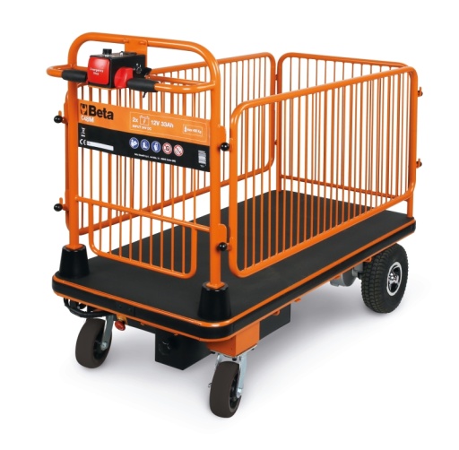 Chariot à plate-forme électrique, avec barrières sur les 4 cotés.