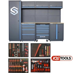 Composition Mobilier:Armoire haute à 1 porte x1 : - profondeur = 460mm - largeur = 600mm - hauteur = 1960mm Poids : 42kgMeuble hauts x3 : - profondeur = 300mm - largeur = 680mm - hauteur = 350mm Poids : 9,80kgMeuble bas 4 tiroirs x1 : - profondeur = 460mm - largeur = 680mm - hauteur = 870mm Poids : 40,50kgMeuble bas 2 portes x1 : - profondeur = 460mm - largeur = 680mm - hauteur = 870mm Poids : 22,50kg Epaisseur de tôle = 0,7mmServante d'atelier 6 tiroirs x1 : Dimensions : 660x460x845mm Poids : 44,50kg Panneau perforé - trous carrés - tôle acier x6 L.680x25xh.356mmPlan de travail droit x1 L.2042x460, épaisseur : 25mm.Connecteurs x4 L.1500x50x25mm. Dimensions totales : 2640x1960x460mmPanneau perforé - compatible avec les crochets ks toolsComposition outillage KS TOOLSModule douille 1/4 1/2 ultimateModule martellerie clé mixteModule trournevisModule pince