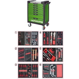 Servante d'atelier 7 tiroirs Ultimate
- Composition 202 outils
Tiroir 1 : Douille 1/4 - douille 1/2 - douille longue 
Tiroir 2: clés mixte, marteau
Tiroir 3: tournevis plat, cruciforme, torx, clésallen torx
Tiroir 4: Pinces, pinces etaux, limes
Tiroir 5: Scie, grattoir, tenaille, pied à coulisse
Tiroir 6: clé pipe et module de rangement
la servante d'atelier kstools. série ultimate. est le modèle de desserte d'atelier. le plus haut de gamme  de la marque. ks tools. 
les tiroirs de la servante d'atelier ultimate, possedent un système de glissière à roulements à billes (résistance 45kg). Equipé du système "one by one"., ouverture d'un seul tiroir a la fois, vous pouvez deplacer votre servante d'atelier sans forcement l'a fermer a clé !
Les tiroirs de cette servante ont une grande capacité. 40cm de profondeur par 57cm de largeur, tout les tiroirs de cette servante d'atelier sont fournis avec un tapis mousse, a installer au fond. 
Le plan de travail des servantes d'atelier Ultimate est recouvert d'un plateau inox et de boitier "range visserie" sur les cotés,
Au niveau du chassis, les pans de cette servante d'atelier sont perfores, se qui vous permet l'instalation de nombreuses options. tel que. un dérouleur de papier, des crochets de fixations...
Cette gamme  de servante d'atelier repond parfaitement au rangement pour le mécanicien, carrossier, mais aussi pour les métiers de l'industrie (rangement d'outils de tours / fraiseuse...) ainsi que des domaines tel que le medical. l'aéronotique...
- construction a pans coupés renforçant la structure du bati
- système "one by one" antibasculement 
- panneau lateral déporté et pré-percé pour fixation de crochet et accessoires
- 2 roues fixes grand diamètre pour une meilleure stabilite et un déplacement aise sur tous types de sols
- 2 roues pivotantes avec système de freinage total
- plan de travail avec rangements et recouvert inox
- tiroirs sur glissieres à billes extra-resistant (45 kg par tiroir)
- tiroirs à ouverture totale
- fermeture totale et simultanee des tiroirs par serrure 
- poignée tubulaire de manutention
- finition "Ultimate"
Composition :
Module 54 pièces douilles et accessoires 1/4’’ ref : 713.1020  
- Cliquet réversible 72 dents
- 1x Poignée emmanchée 1/4’’
- 2x Rallonges 1/4’’ : L. 50 mm et L. 100 mm
- 1x Rallonge flexible : L. 150 mm
- 1x Poignée coulissante T : L. 115 mm
- 1x Cardan universel 1/4"
- 13x Douilles 1/4’’ : 4 - 4,5 - 5 - 5,5 - 6 - 7 - 8 - 9 - 10 - 11 - 12 - 13 - 14 mm
- 8x Douille longue 1/4" : 6 - 7 - 8 - 9 - 10 - 11 - 12 - 13
- 1x Porte embout 1/4" 
- 3x Embouts de vissage Fente 4 - 5,5 - 8 mm 
- 3x Embouts de vissage PHILLIPS® PH 1 - PH 2 - PH3 
- 2x Embouts de vissage POZIDRIV® PZ 1 - PZ 2 
- 6x Embouts de vissage 6 pans : 3 - 4 - 5 - 6 - 7 - 8  mm
- 7x Embouts de vissage TORX® profil E T10 - T15 - T20 - T25 - T27 - T30 - T40
​- 4x Embouts de vissage 12 pans : M4 - M5 - M6 - M8 
Module de douilles et accessoires ULTIMATE 1/2'' , 24 pièces ref : 713.1024  
- 1 x Cliquet réversible 72 dents
- 2 x Rallonges : 125 - 250 mm
- 1 x Cadran universel 1/2"
- 1 x Bague coulissante 3/8" x 1/2"
- 17 x Douilles : 10 - 11 - 12 - 13 - 14 - 15 - 16 - 17 - 18 - 19 - 20 - 21 - 22 - 24 - 27 - 30 - 32 mm
- 2 x Douilles longues : 16 - 21 mm
Module de douilles longues et accessoires 1/2",  17 pièces ref : 713.1026 
- 1 x Rallonge : 125 mm
- 2 x Rallonges à verrouillage : 75 - 250 mm
- 10 x Douilles : 10 - 11 - 12 - 13 - 15 - 17 - 19 - 22 - 24 - 27 mm
- 4 x Douilles 6 pans : 14 - 16 - 18 - 21 mm
Module de clés mixtes ULTIMATE, 17 pièces ref : 713.2017 
- 17 x Clés mixtes : 6 - 7 - 8 - 9 - 10 - 11 - 12 - 13 - 14 - 15 - 16 - 17 - 18 - 19 - 20 - 21 - 22 mm
Module de clés mixtes ULTIMATE, 5 pièces ref : 713.2015 
- 5 x Clés mixtes : 24 - 27 - 29 - 30 - 32 mm
Module d'outils de frappe manche bois, 9 pièces ref : 713.1101 
- 1 x Burin de carossier extra-plat : 250 mm
- 6 x Chasse goupilles brunis : 3 - 4 - 5 - 6 - 10 mm
- 1 x Marteau rivoir : 600g
- 1 x Maillet à embouts plastique interchangeables : 340g
Module de vissage, 28 pièces ref : 712.5028 
- 1 x Tournevis ULTIMATE tom pouce Fente : 6,5 mm
- 3 x Tournevis ULTIMATE Fente : 3,5 - 5,5 - 8 mm
- 1 x Tournevis ULTIMATE tom pouce PHILLIPS : PH2
- 3 x Tournevis ULTIMATE PHILLIPS : PH1 - PH2 - PH3
- 1 x Tournevis ULTIMATE tom pouce PROZIDRIV : PZ2
- 3 x Tournevis ULTIMATE PROZIDRIV : PZ1 - PZ2 - PZ3
- 1 x Jeu de clés mâles 6 pans à tête sphérique longues : 2 - 2,5 - 3 - 4 - 5 - 6 - 8 - 10 mm
- 1 x Jeu de clés mâles TORX longues : T10 - T15 - T20 - T25 - T30 - T40 - T45 - T50
Module de tournevis ULTIMATE TORX, 6 pièces ref : 713.5013 
- 6 x Tournevis ULTIMATE TORX : T10 - T15 - T20 - T25 - T30 - T40
Module de pinces, 4 pièces ref : 713.4014 
- 1 x Pince coupante diagonale : L. 160 mm
- 1 x Pince universelle : L. 180 mm
- 1 x Pince à bec demi-rond : L. 200 mm
- 1 x Pince multiprises à verrouillage : L. 250 mm
Module de pinces étaux GRIPfix Xtreme, 3 pièces ref : 713.1003 
- 2 x Pinces étaux GRIPfix Xtreme : 175 - 250 mm
- 1 x Pince  étau auto-ajustable à bec long : 150 mm
Module de limes demi-douces, 4 pièces ref : 713.3004 
- 1 x Râpe plate emmanchée : 200 mm
- 1 x Râpe demi-onde emmanchée : 200mm
- 1 x Râpe ronde emmanchée : 200 mm
- 1 x Râpe triangulaire emmanchée : 200 mm 
Module d'outils de coupe, 8 pièces ref : 712.9009 
- 1 x Monture de scie métallique : 300 mm
- 1 x Tenailles russes gainées : 190 mm
- 1 x Cutter universel à lame sécable
- 1 x Lames de rechange : 10 x 18 mm
- 1 x Ciseaux d'électricien
- 1 x Grattoir à lame rétractable
- 1 x Grattoir emmanché désaxé
- 1 x Grattoir à lame inox
Module d'outils de mesure, 7 pièces ref : 713.8007  
- 1 x Calibre à coulisse digital : 0 - 150 mm
- 1 x Réglet flexible : 300 - 13 mm
- 1 x Mètre à ruban : 5 m x 19 mm
- 1 x Pointe à tracer en carbure à corps 6 pans : 145 mm
- 1 x Jauge de filetage : 0,40 - 6 mm - ISO
- 1 x Jauge d'épaisseur : 0,05 - 1 mm
- 1 x Aimant magnétique : 130 - 630 mm
Module de clés à pipe débouchées - 6 pans, 11 pièces ref : 713.2011  
- 11 x Clés à pipe débouchées : 8 - 10 - 11 - 12 - 13 - 14 - 15 - 16 - 17 - 18 - 19 mm 
Module de clés à pipe débouchées - 6 pans, 4 pièces ref : 713.4004 
- 4 x Clés à pipe débouchées : 21 - 22 - 24 - 27 mm
Module vide 1/3 - 1 compartiment ref : 713.1300 
 
- poids 57kg
- dimension hors tout : l678xl459xh859 (hauteur avec roues 1035mm 
- roue dia 125mm larg 50mm 