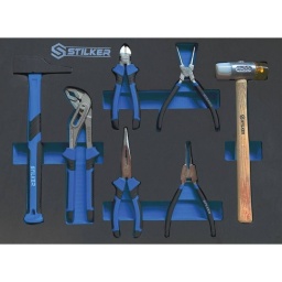 Module mousse plein - pinces, marteaux - 7 outils pour 72513
Composition : - 1 pince droite pour circlips extérieurs 180mm

- 1 pince droite pour circlips intérieurs 180mm

- 1 pince multiprise 245mm

- 1 pince droite à bec 1/2 rond 200mm

- 1 pince coupante 150mm

- 1 maillet

- 1 marteau rivoir